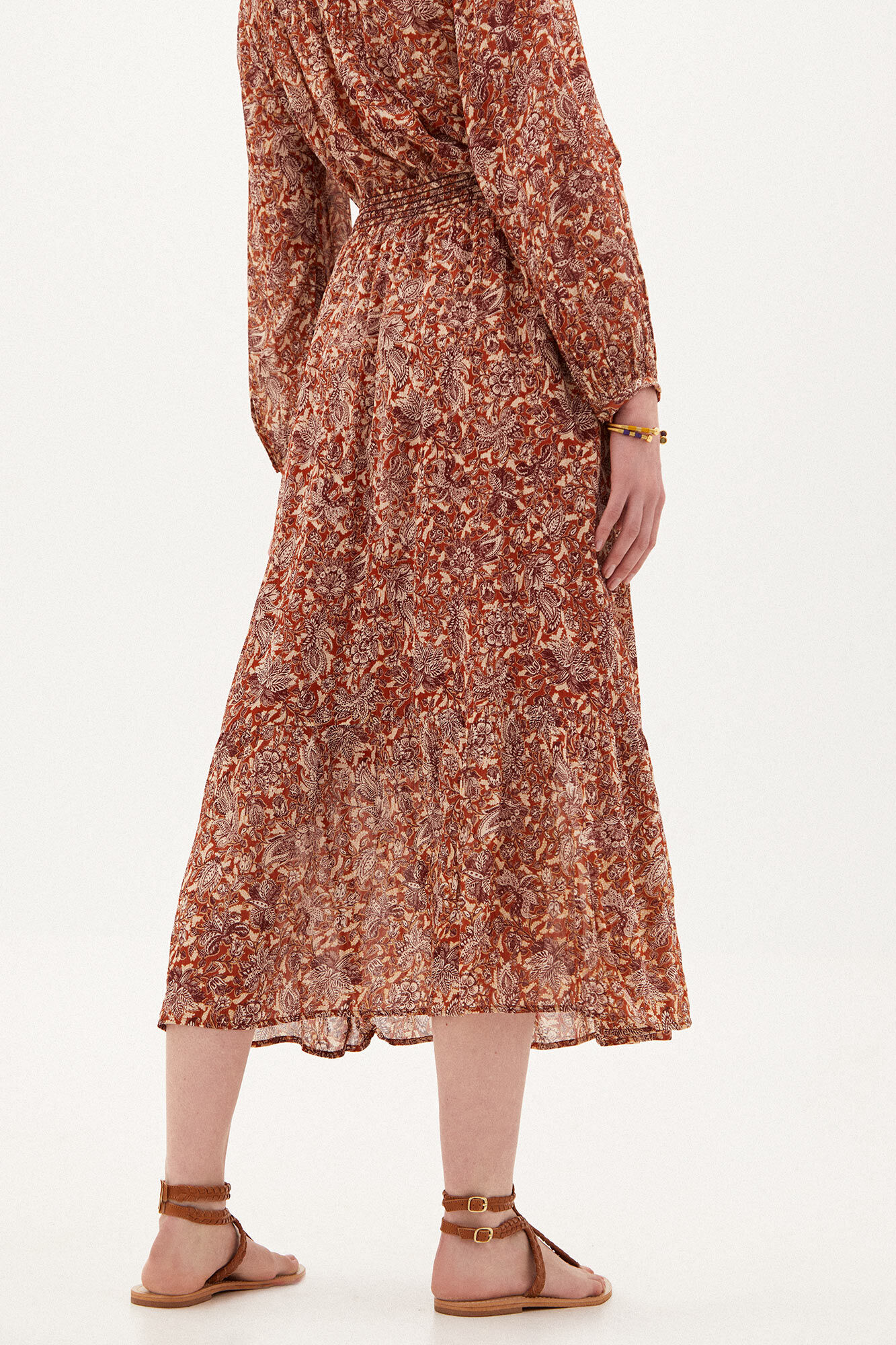 Saia midi estampada Iria - Marrom