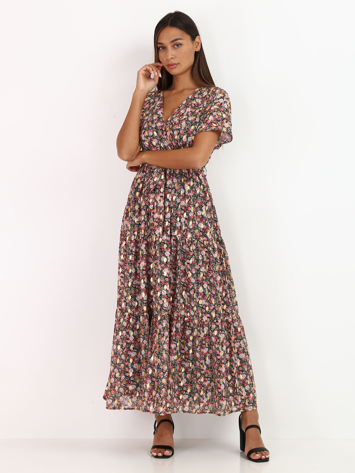 Robe longue à petites fleurs et détails- Noir