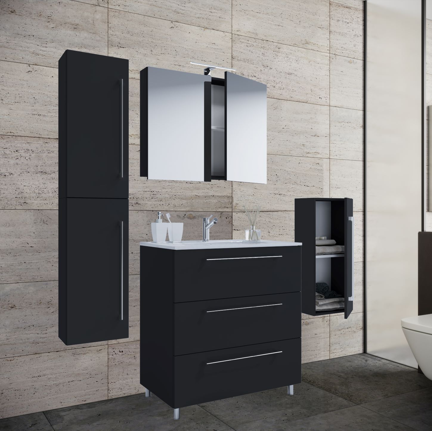5-teiliges Badmöbel-Set BADINOS 3 - schwarz - mit Spiegelschrank
