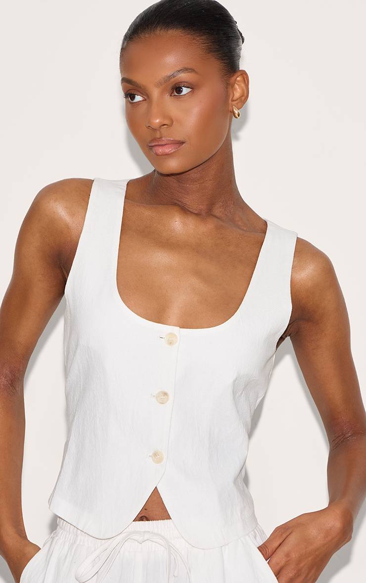Blanc Gilet Ajusté Tailleur Col Arrondi Aspect Lin