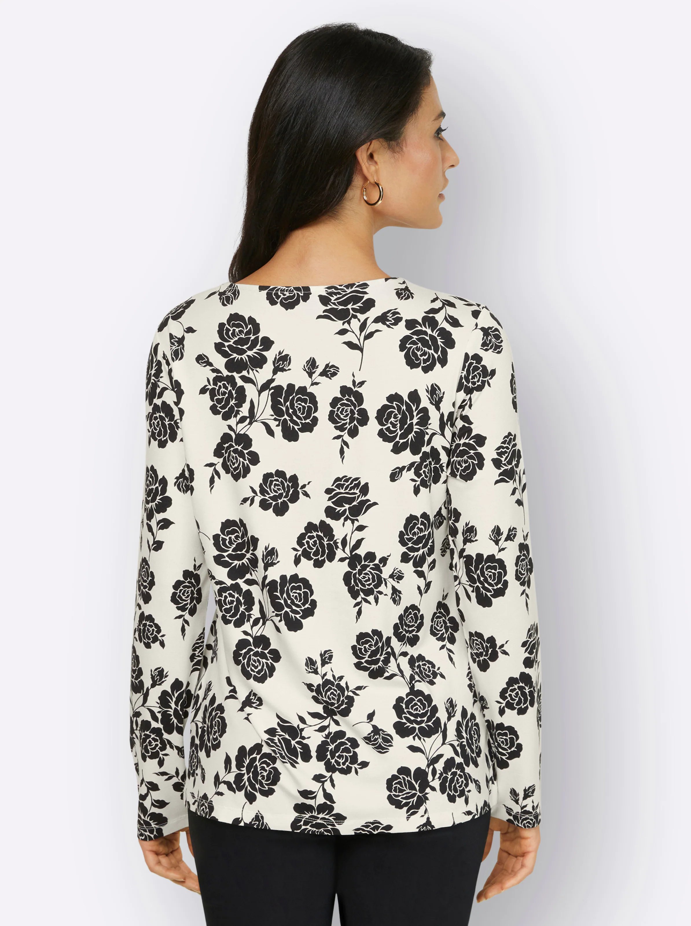 Langarmshirt in champagner-schwarz-bedruckt