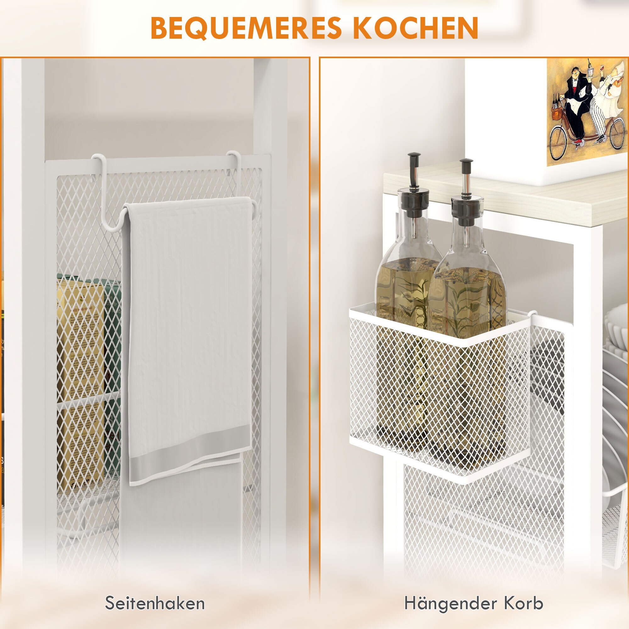 HOMCOM Küchenwagen mit Haken und 4 Ebenen weiß 58L x 18,5B x 87H cm