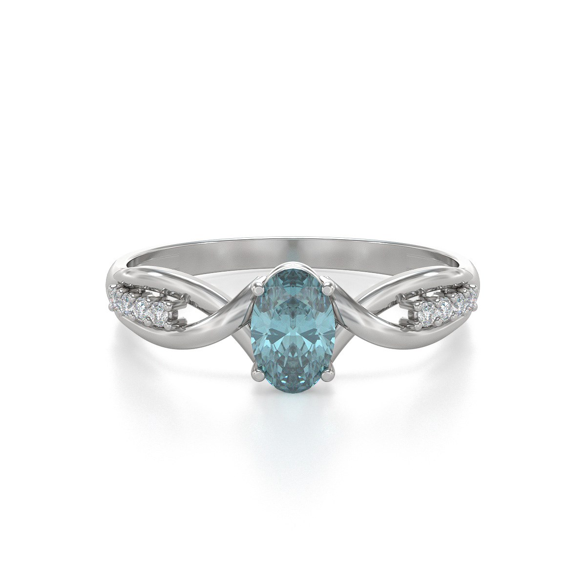 Bague ADEN fiançailles pierre Aigue-marine véritable épaulée 8 petits diamants sur anneau argent rhodié