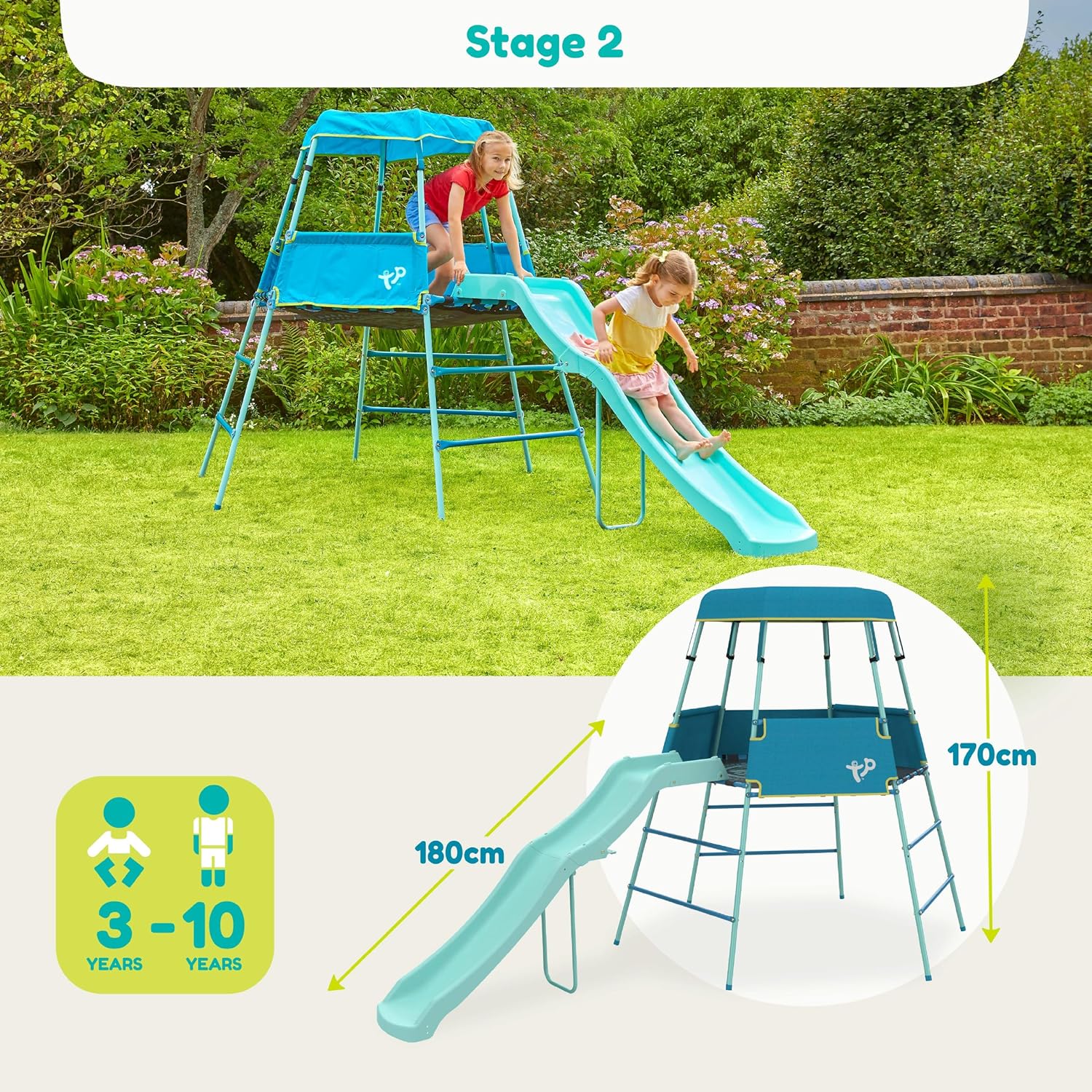TP Growable Adventurer Klettergerüst aus Metall mit Rutsche und Vordach, höhenverstellbar, für Kinder von 18 Monaten bis 3 Jahren, langlebige Outdoor-Spielstruktur, fantasievolle Spielmatte inklusive