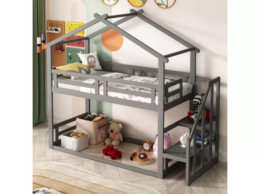 Lit superposé d'enfant 90x200cm - lit cabane avec escalier de sécurité, cadre de lit en bois massif avec sommier à lattes - gris