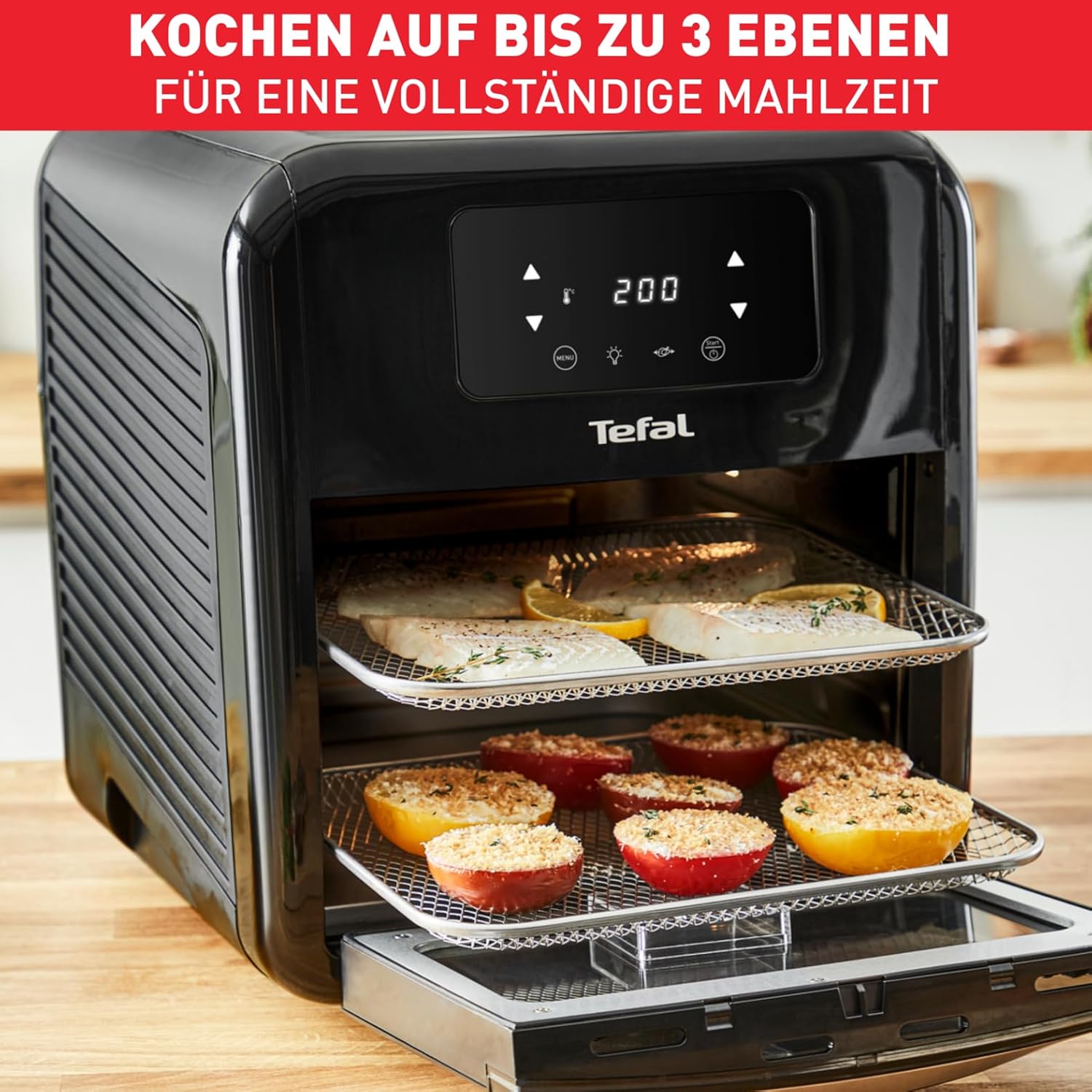 Tefal Easy Fry Oven & Grill 9-in-1 Heißluftfritteuse, 11 L für 6 Portionen, 7 Zubehörteile, 8 Programme, Online-Rezepte, gesunde Fritteuse ohne Öl, schnell & energiesparend, schwarz, FW5018