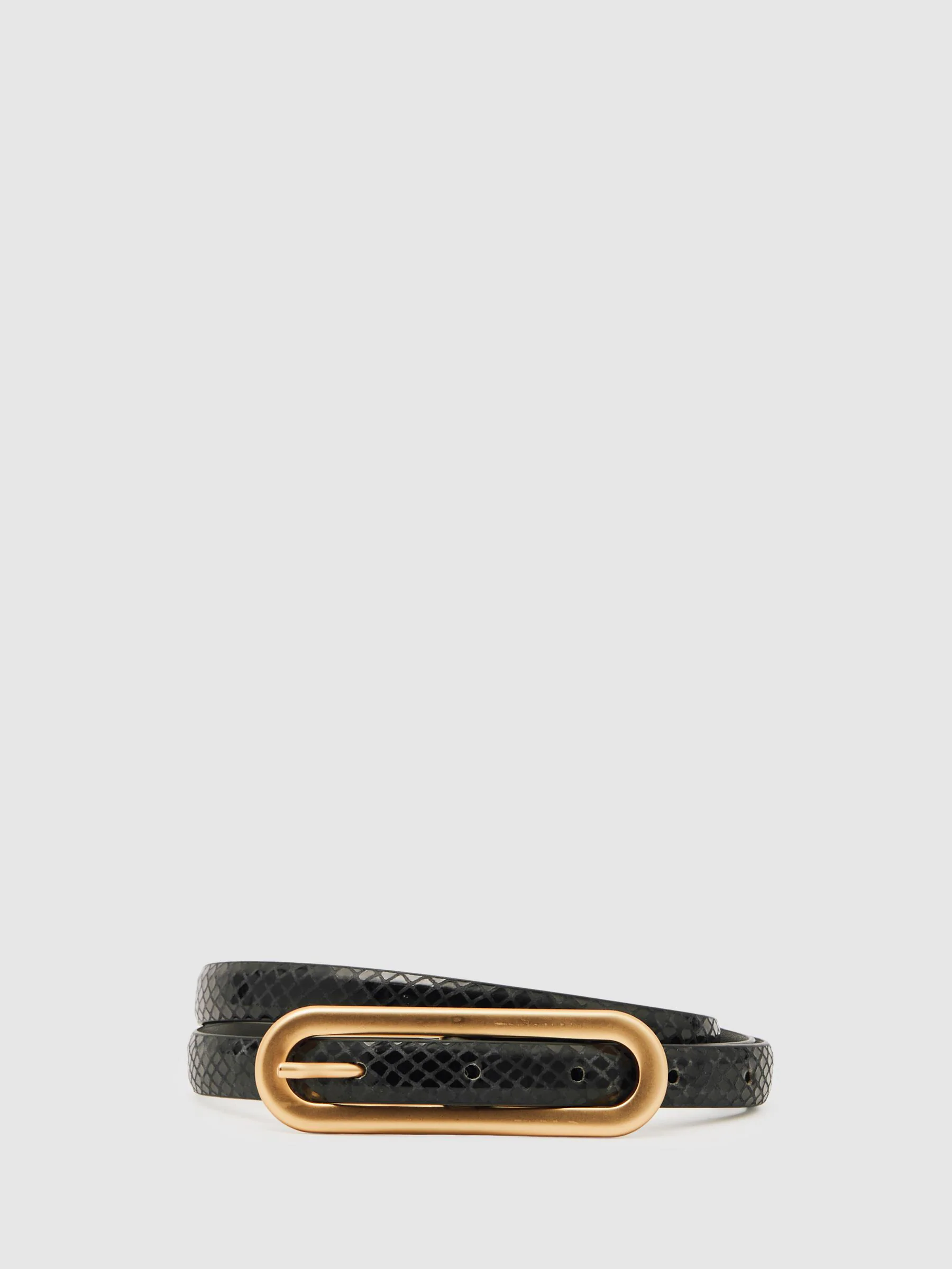 Black Snakeskin - Reiss Chaya smalle leren riem met langwerpige gesp