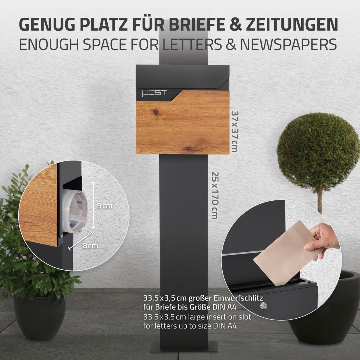 ECD Germany vrijstaande brievenbus met krantenvak, design brievenbus met post, brievenbussysteem, antraciet brievenbusstandaard 170cm roestvrij staal, antraciet houtlook brievenbus, gepoedercoat roestvrij staal