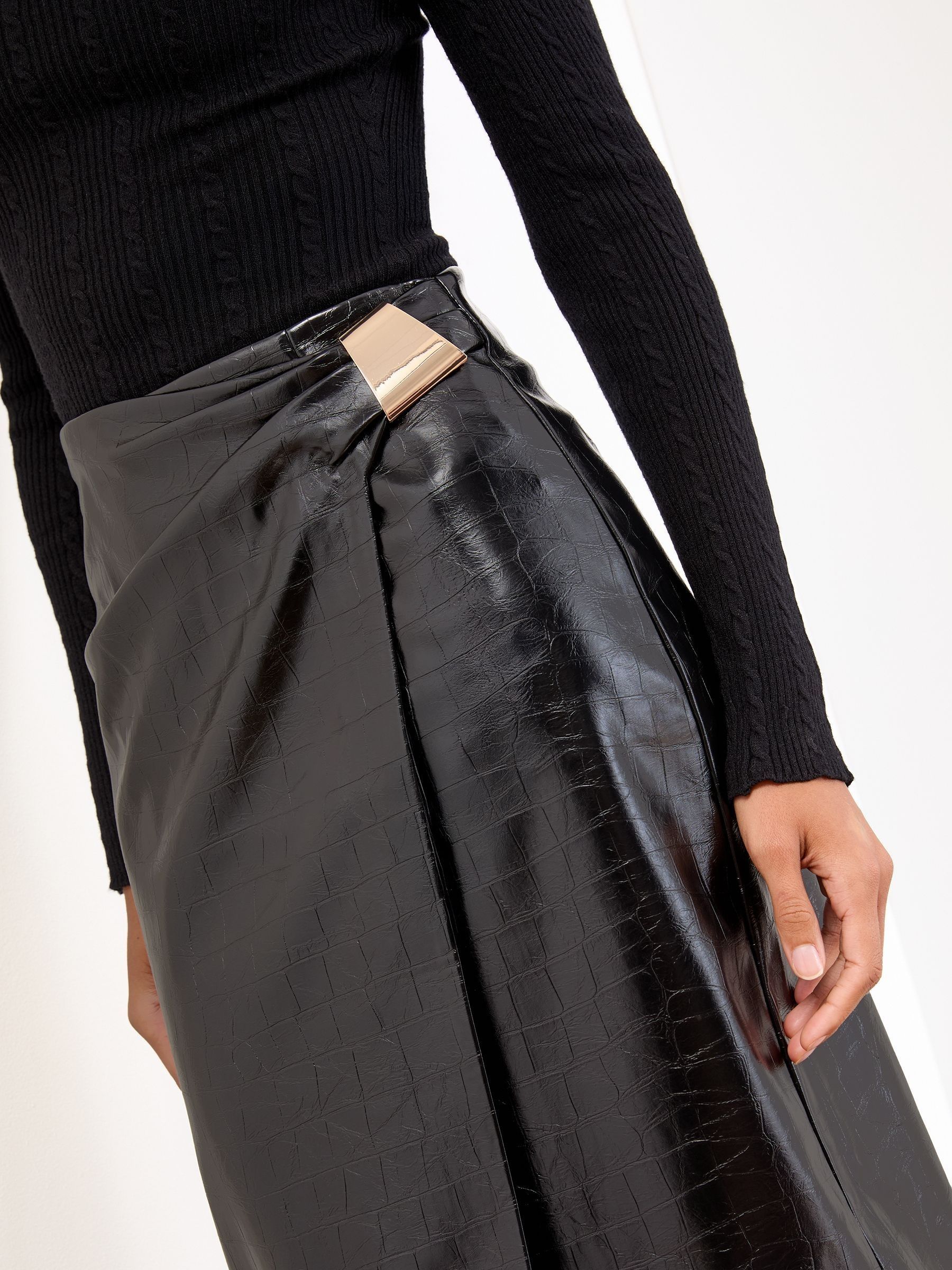 Black Croc Faux Leather - Lipsy Ruched Wrap Midi Skirt