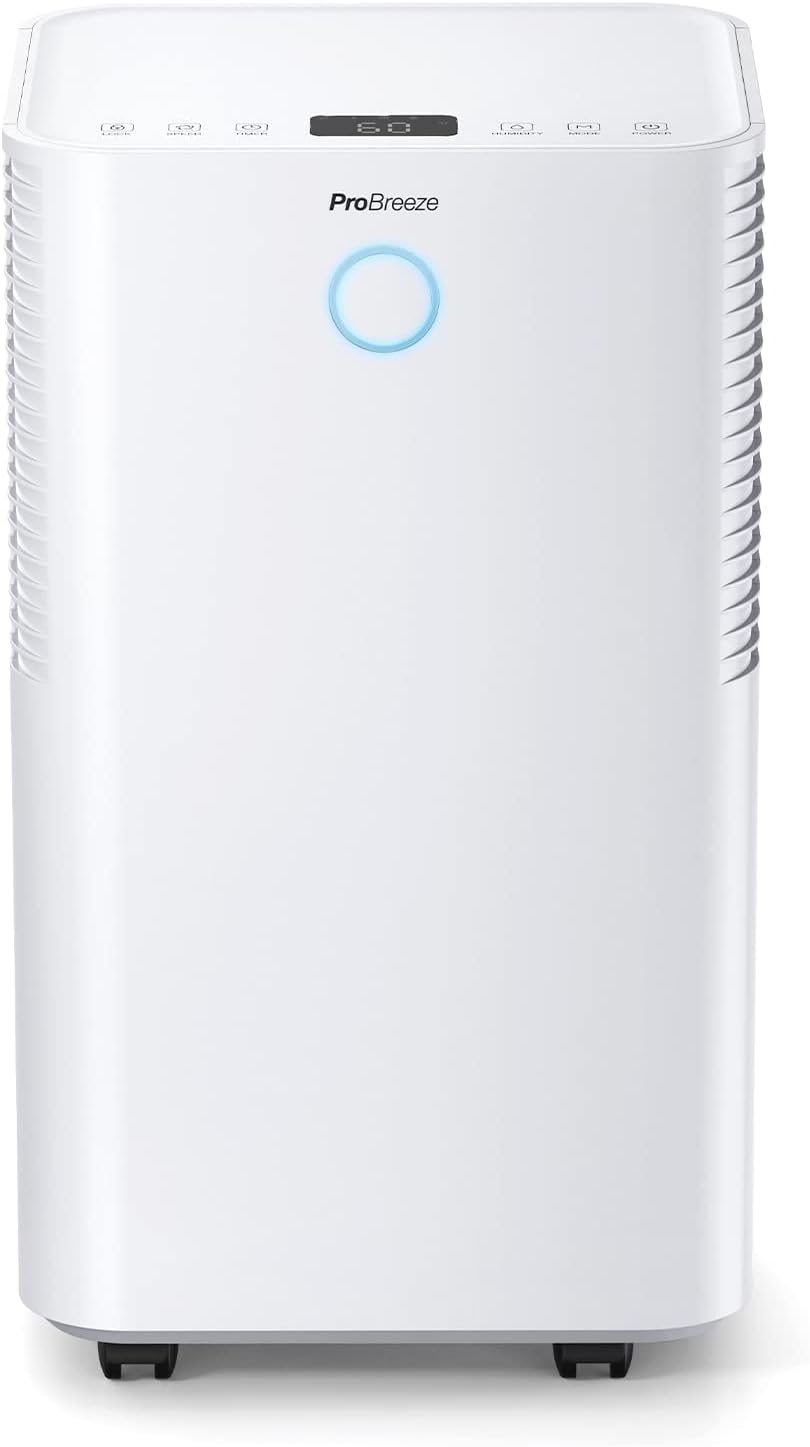 Pro Breeze Déshumidificateur Compresseur 12 L/jour avec capteur d'humidité automatique, Séchage du linge, Drainage continu, Mode Nuit & Minuterie 24 heures - Réduit humidité, moisissure, condensation