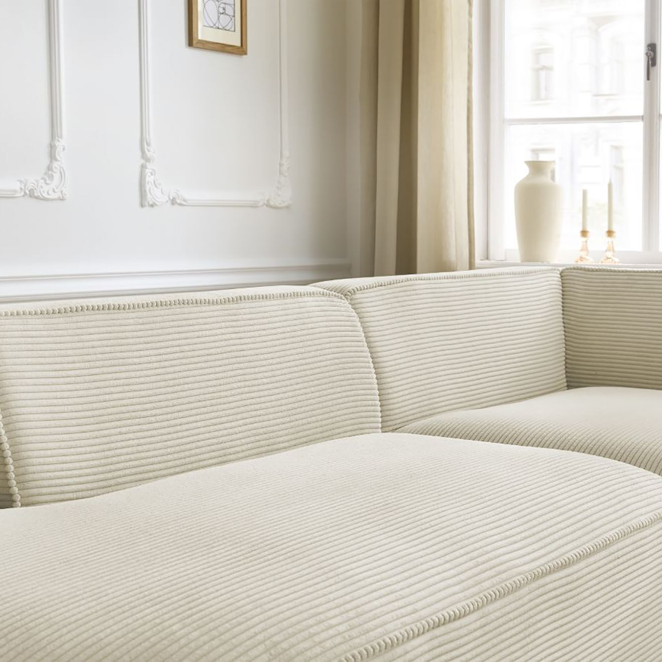 Bobochic Canapé d'angle droit fixe 4 places Rousseau texturé beige - 250x160x72 cm