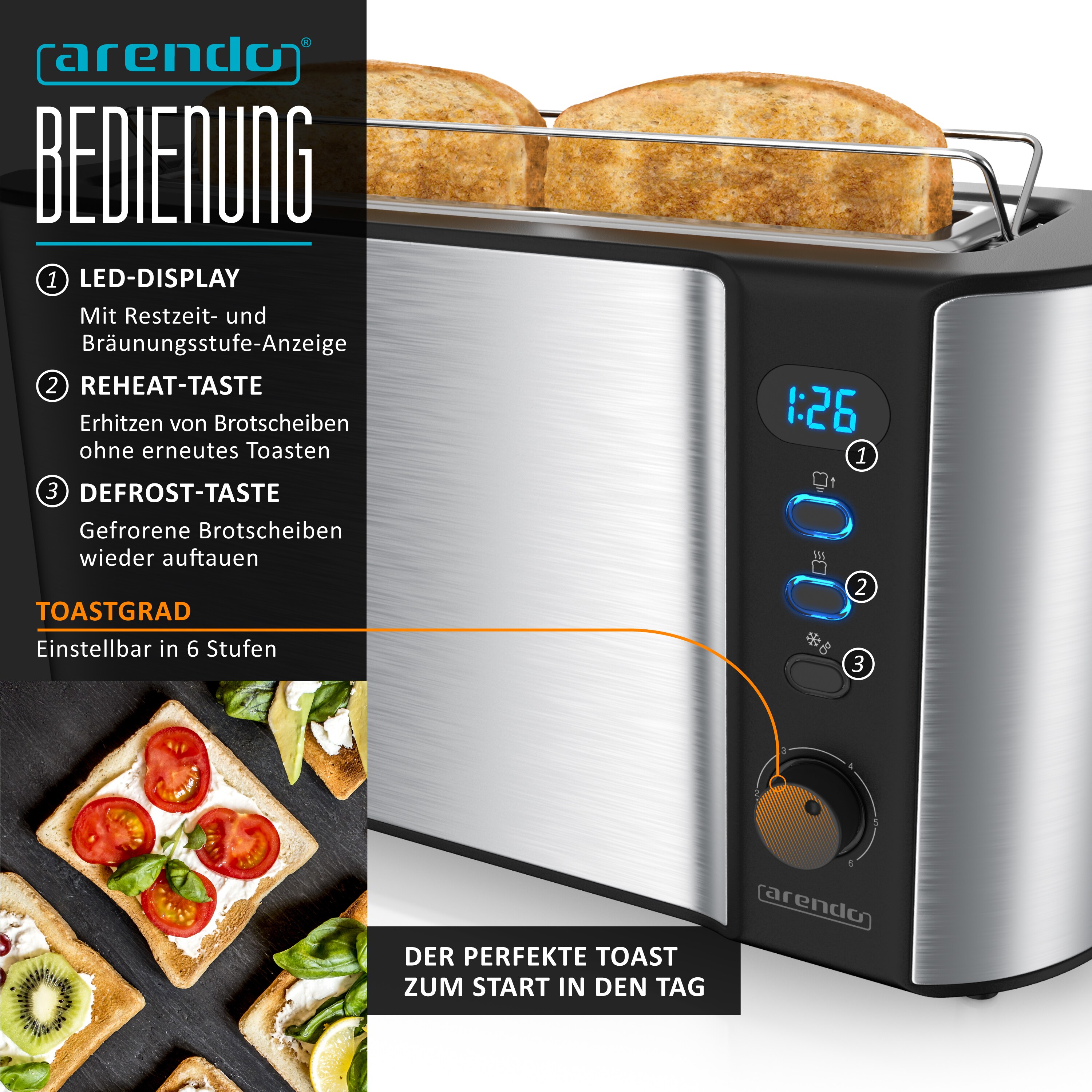 Arendo Frühstücks-Set in Edelstahl Optik - Wasserkocher, Toaster und Eierkocher
