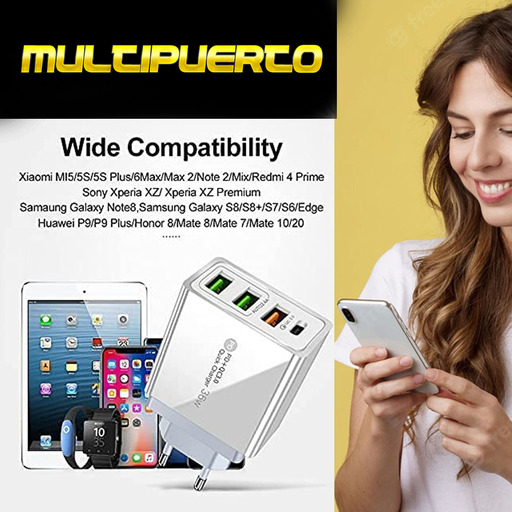 Carregador rápido de 4 portas e 36 W para celular, smartwatch e fones de ouvido.