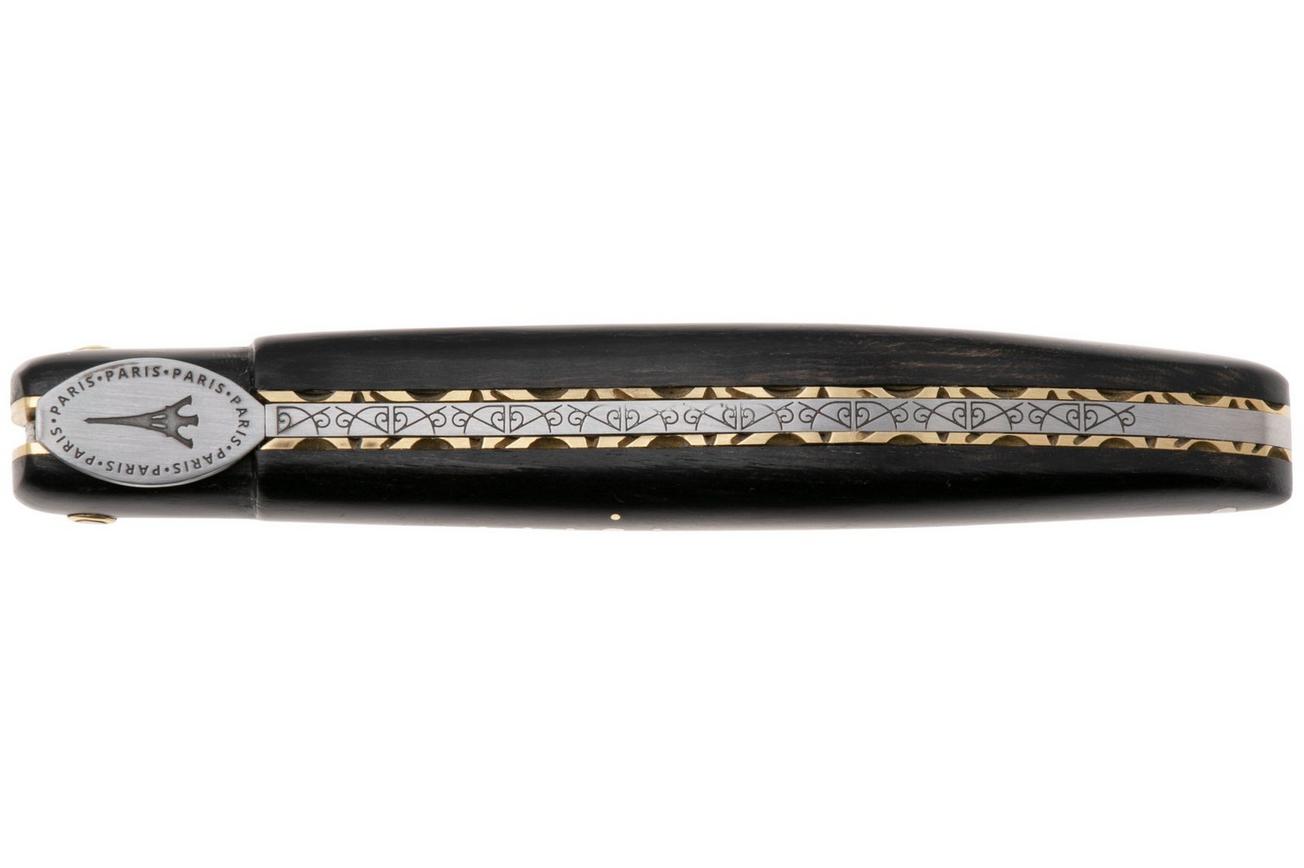 Laguiole en Aubrac Origine Tour Eiffel Tower, Ebony Wood, Handcarved Brass Plates, zakmes, 12 cm