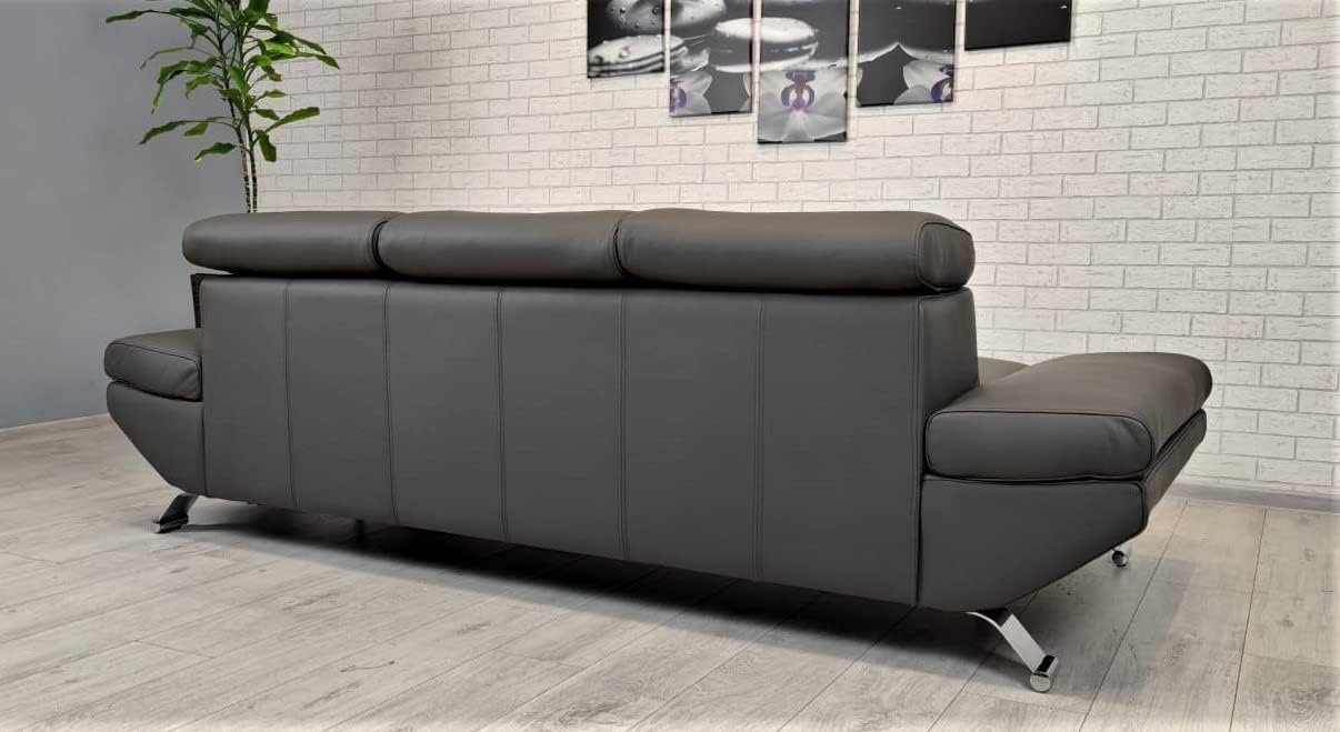 Dunkelgraues Echtleder 3 Sitzer Sofa Varsovia Breite 235cm mit einstellbaren Kopfstützen Ledersofa Leder Anthrazite mit Nähten in Lederfarbe.