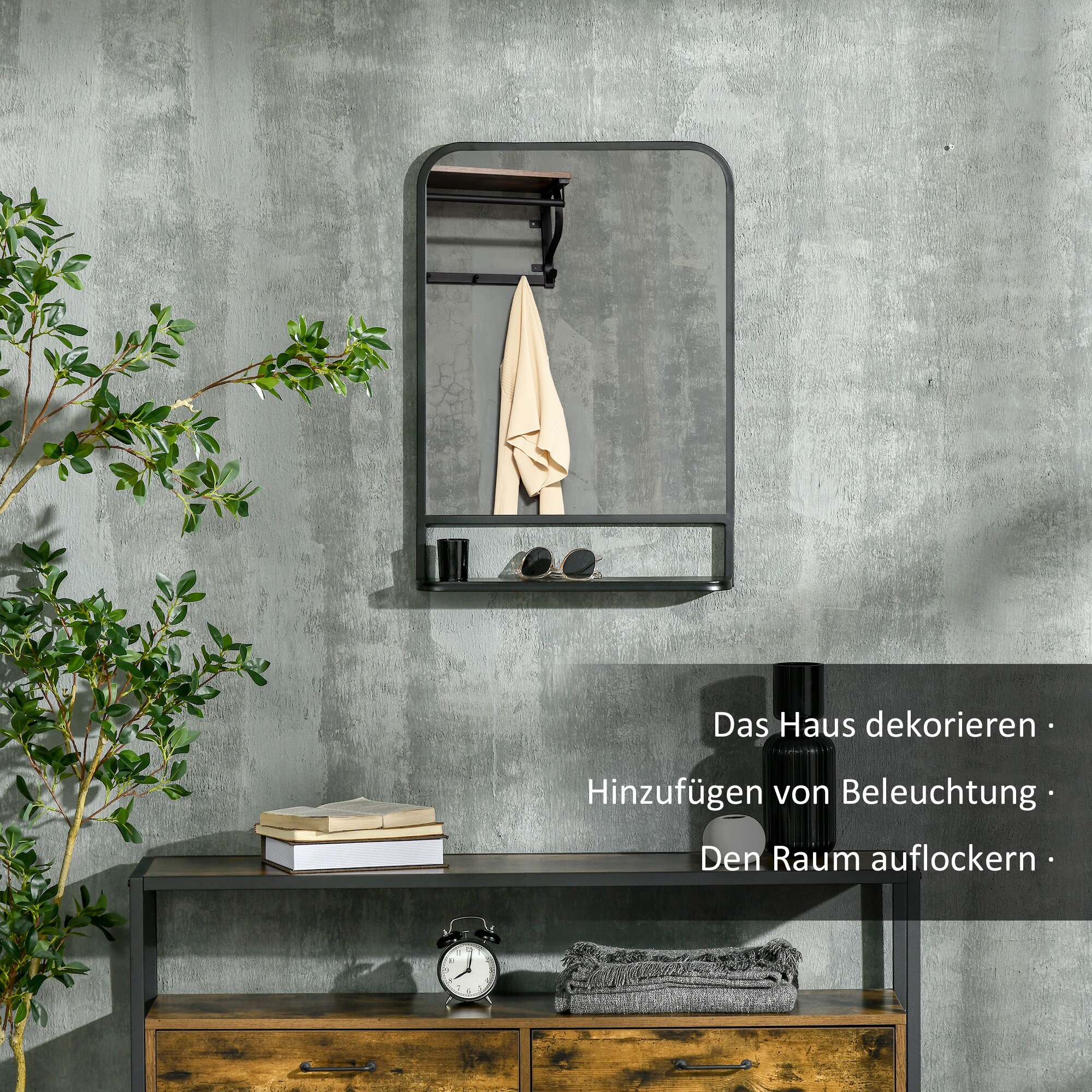 HOMCOM Wandspiegel mit 1 Ablagefläche schwarz 70L x 10,2B x 50H cm