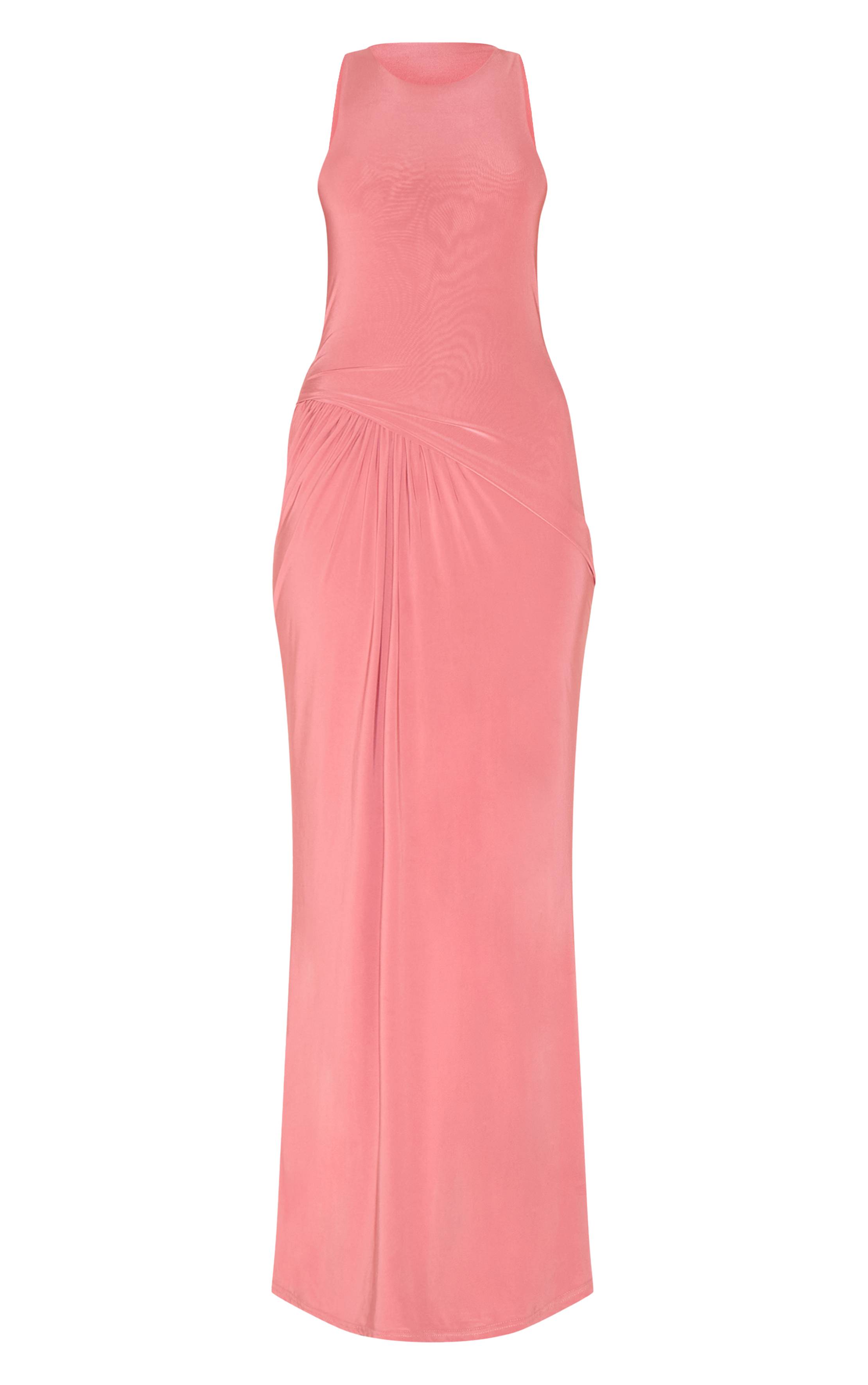 Blush Rose Robe Longue Froncée À Taille Basse En Tissu Slinky Double Épaisseur