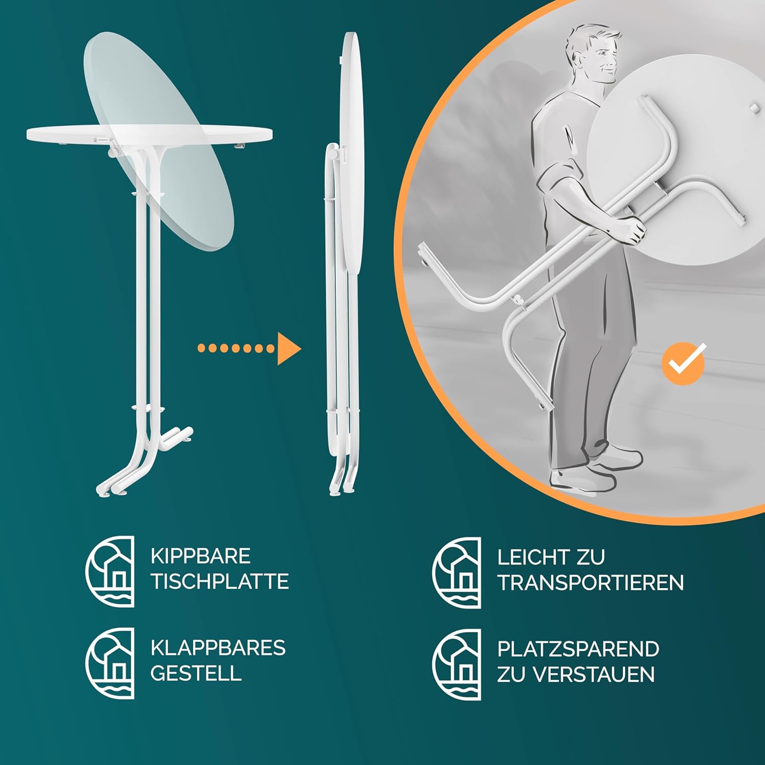 Casaria® Stehtisch Klappbar Outdoor Gastro Bistrotisch 2X Haken Ø 70 cm Rund Witterungsbeständig Weiß Partytisch pulverbeschichtet Metall MDF