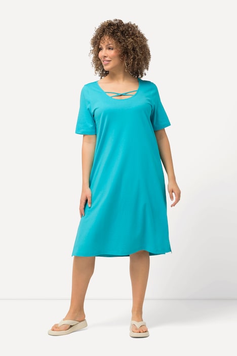 Jerseykleid, Zierbänder, A-Linie, Rundhals, Halbarm