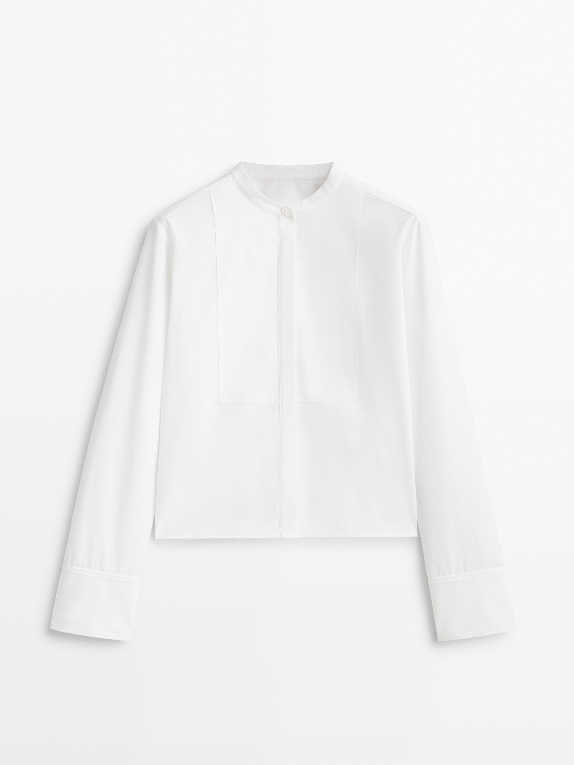 Camisa de popeline com gola mandarim e peitilho - BRANCA