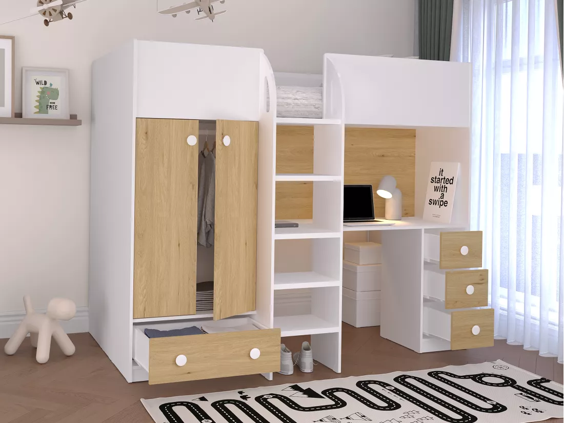Lit mezzanine 90 x 190 cm avec armoire et bureau - Blanc et naturel + Matelas - CINAMO