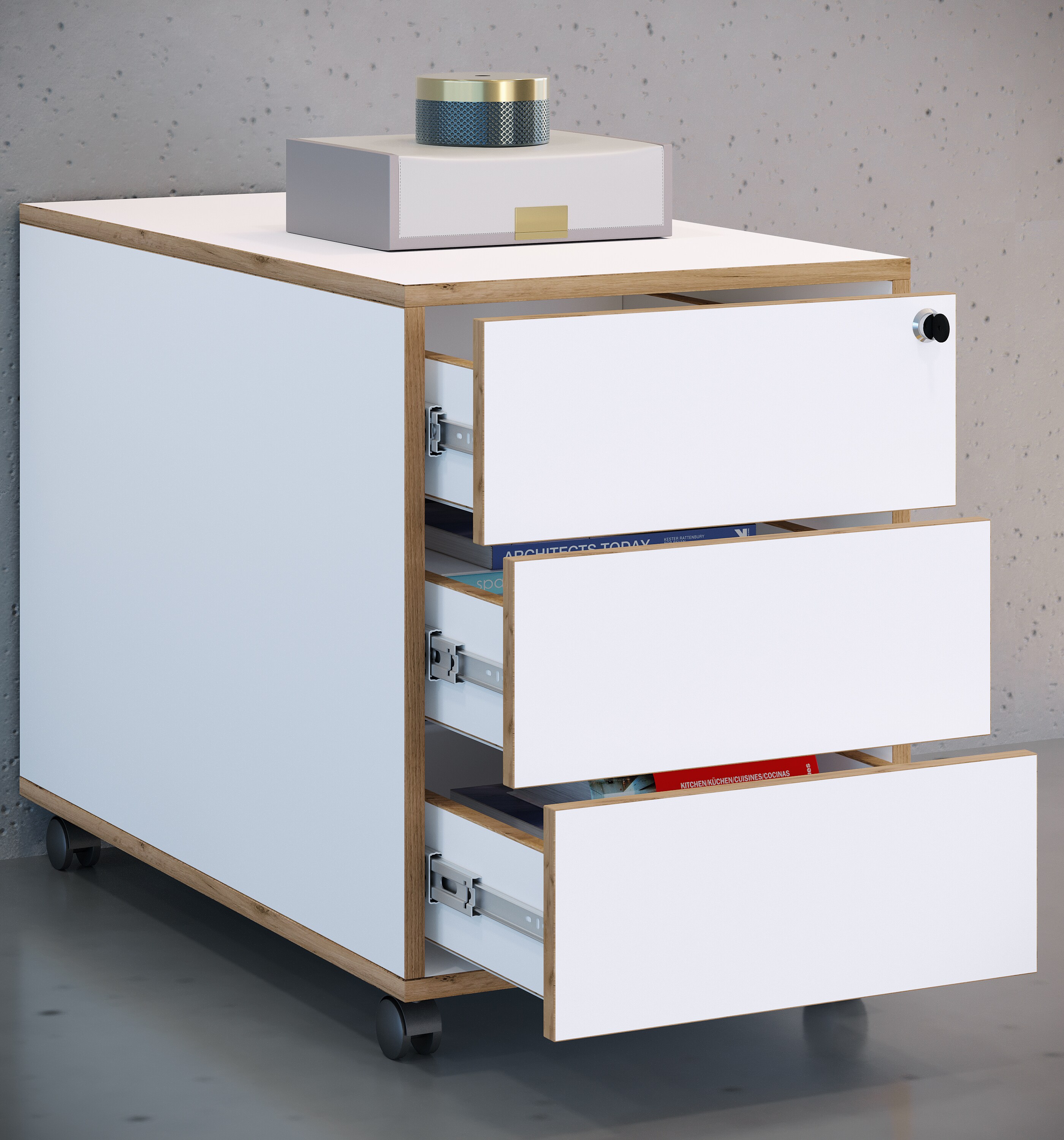 VCM Rollcontainer Beistellcontainer Bürocontainer Rollen rollbar anschließbar Salia 3 Schublade Tiefe 70 cm