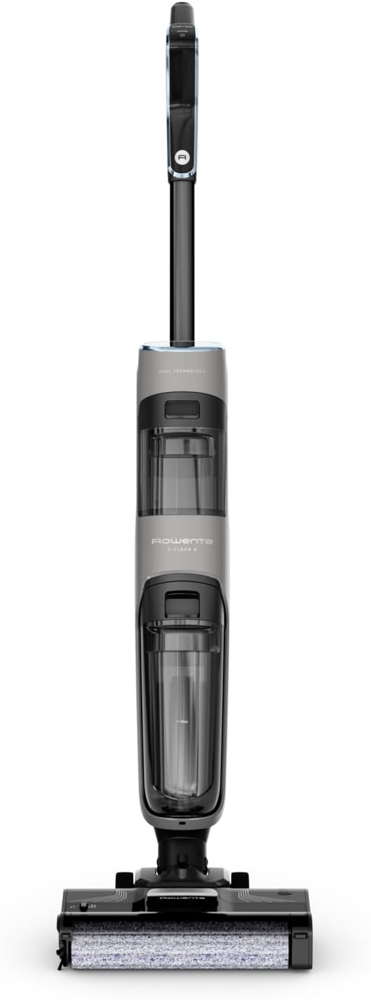 Rowenta X-Clean 4 kabelloser Nass-und Trockenstaubsauger, Selbstreinigungsfunktion, 50min Laufzeit, automatische Schmutzerkennung, Nasssauger mit smartem LED Display, für alle Hartböden, grau GZ5036WO