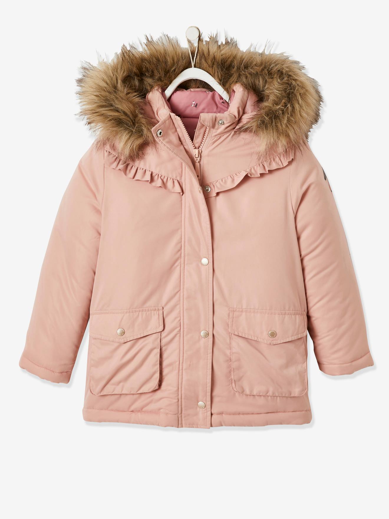 Parka com capuz 3 em 1, jaqueta acolchoada e enchimento de poliéster reciclado, para meninas, rosa escuro liso.