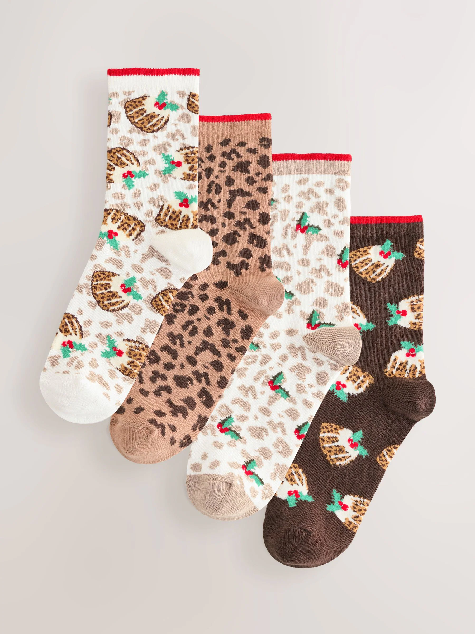 Kerstpudding met luipaardprint - Set van 4 paar enkelsokken