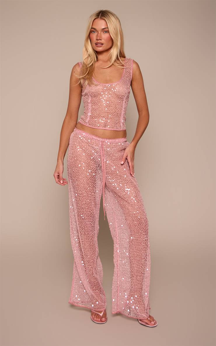 Rose Pantalon Large En Maille À Sequins