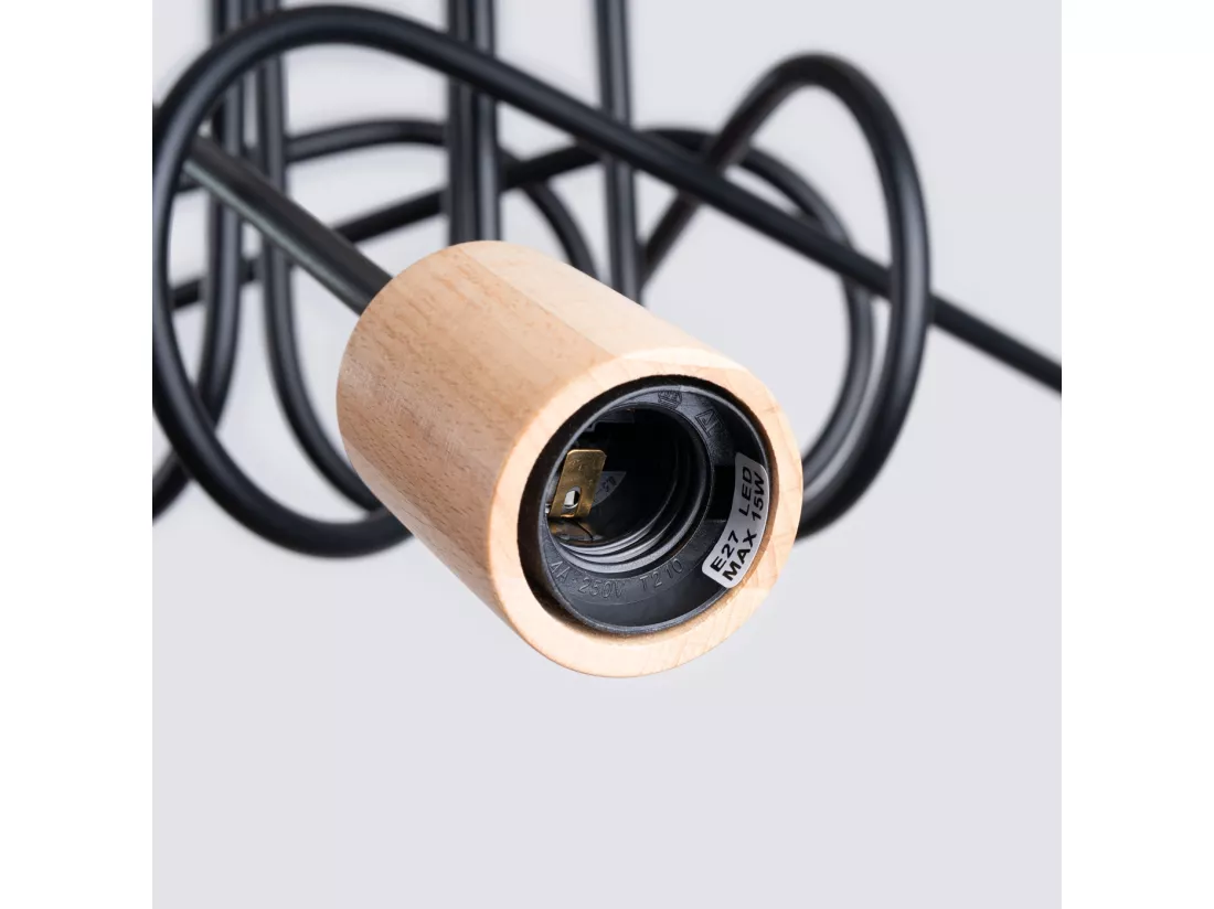 Lustre Ember minimaliste en acier/bois - 5 sources lumineuses - L.15 x H.26 cm - noir/bois naturel
