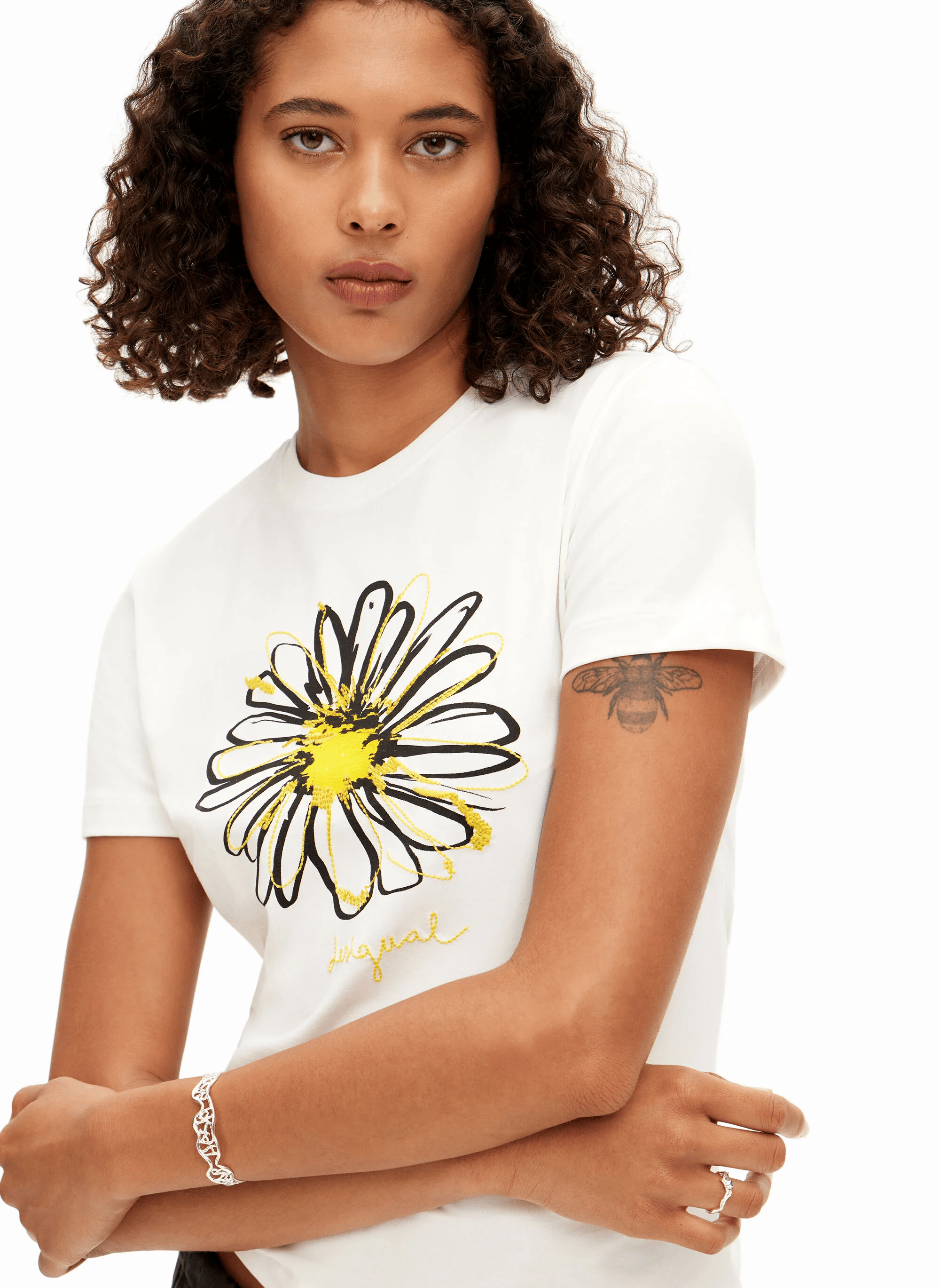 Tee-shirt droit col rond en coton imprimé | Blanc