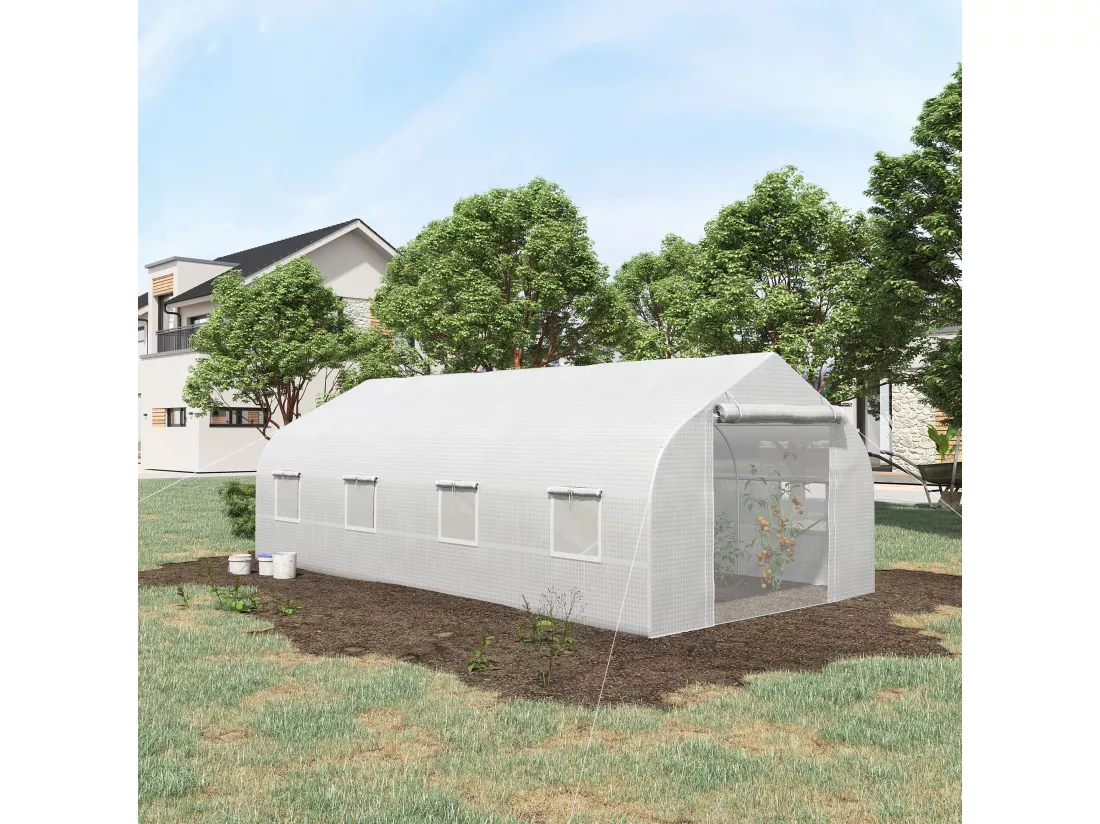 Serre tunnel grande taille 17,85 m² châssis tubulaire acier galvanisé renforcé 2,4 cm 8 fenêtres 1 porte blanc