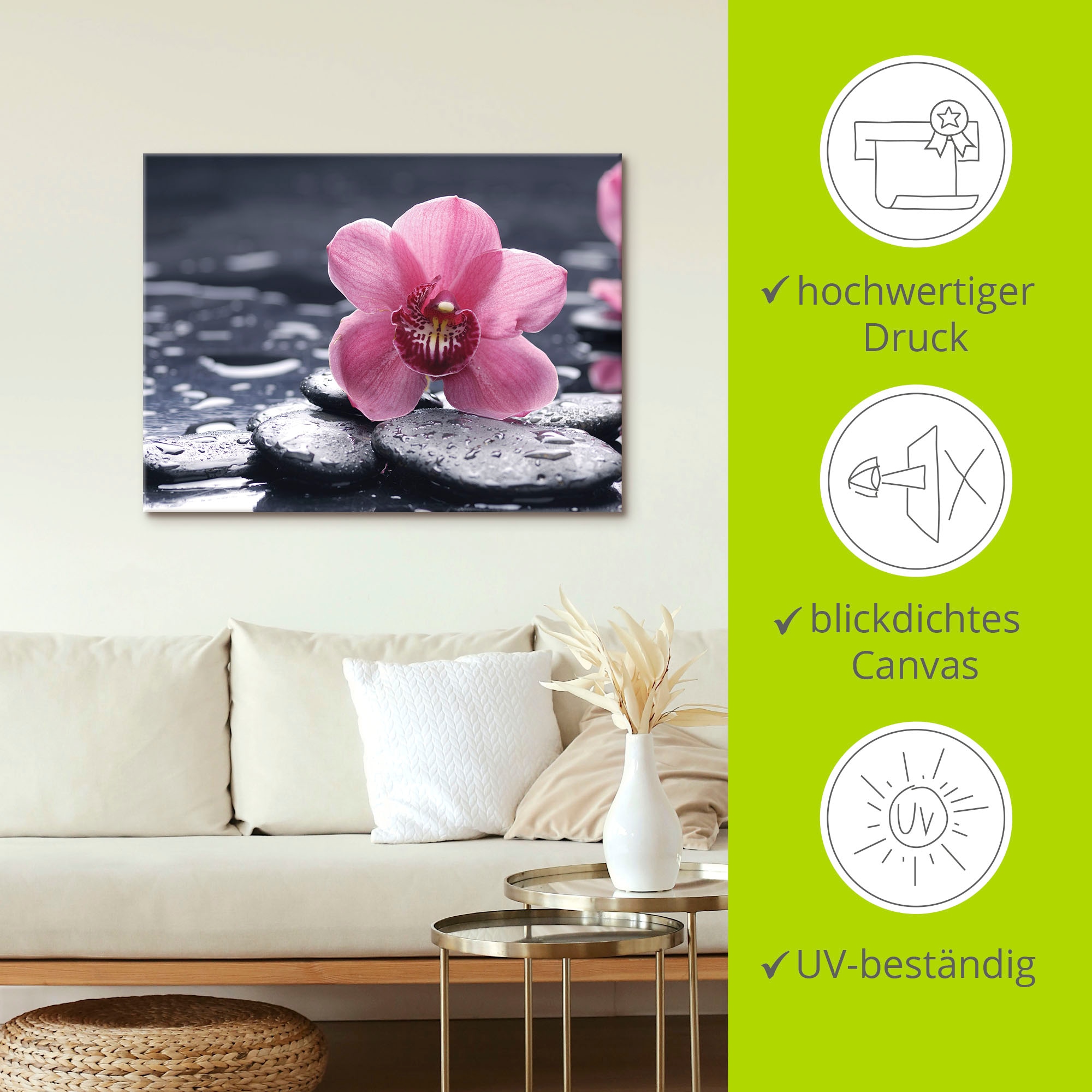 Artland Leinwandbild »Stillleben mit Kiesel und einer Orchidee« Blumen 1 Stk. tlg. als Alubild, Outdoorbild, Leinwandbild, Poster, Wandaufkleber