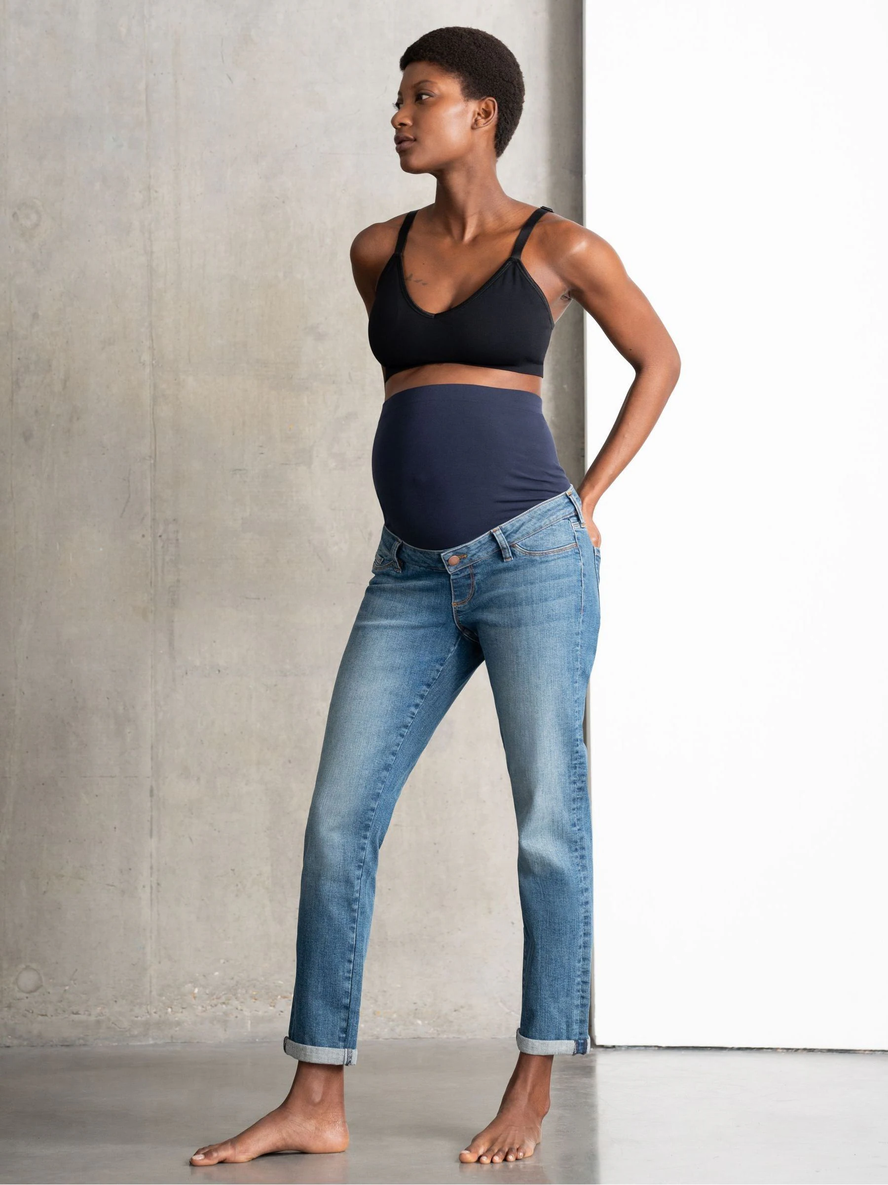 Seraphine blauwe ruimvallende slim-fit zwangerschapsjeans met buikband 100% katoen