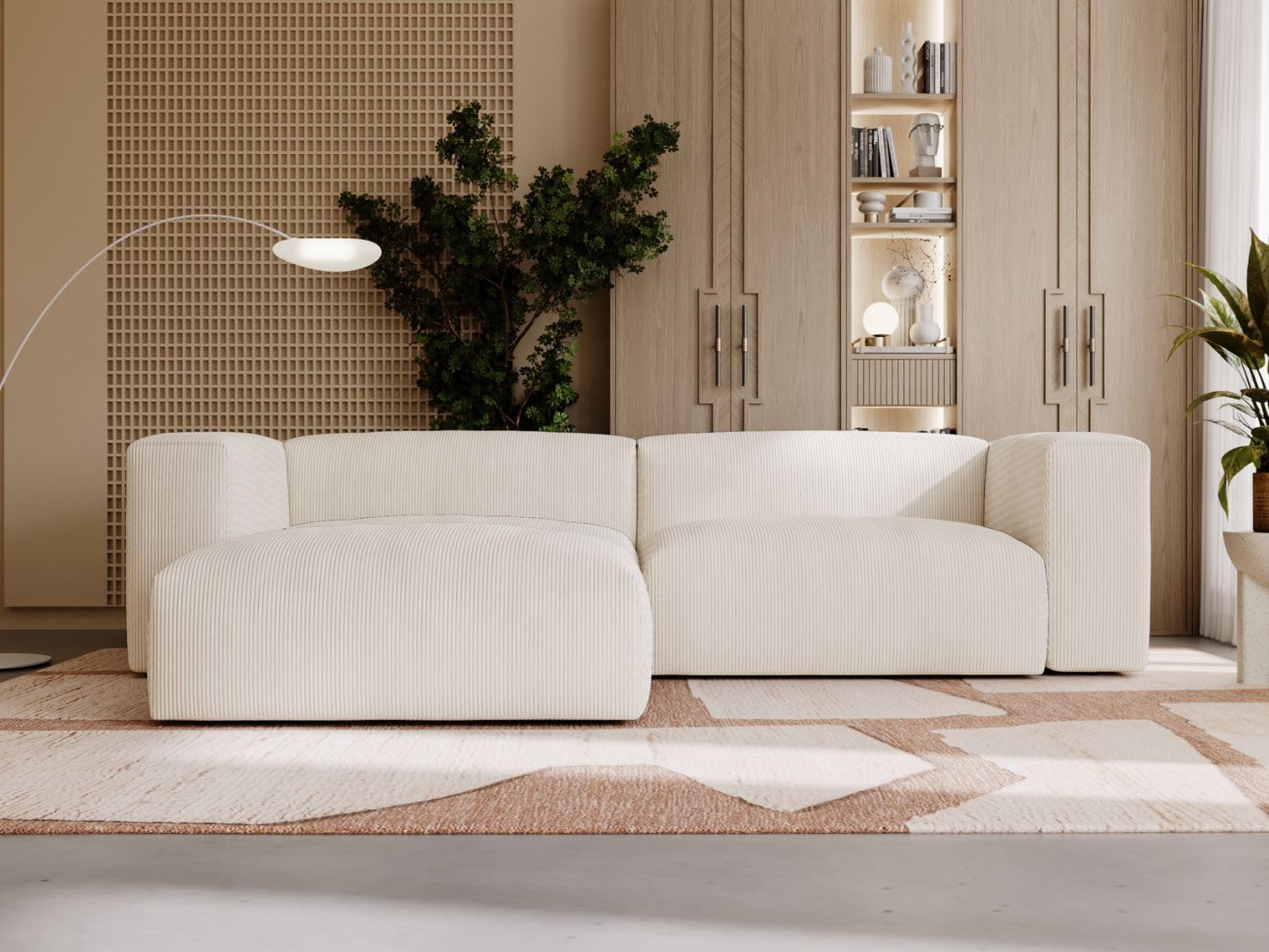 GRAINGOLD Landi Ecksofa 248x180 cm, L-Form Sofa, Ecksofa für Wohnzimmer, Cord Stoff, 4-Sitzer Eckcouch, Modernes Design (Creme, Links)