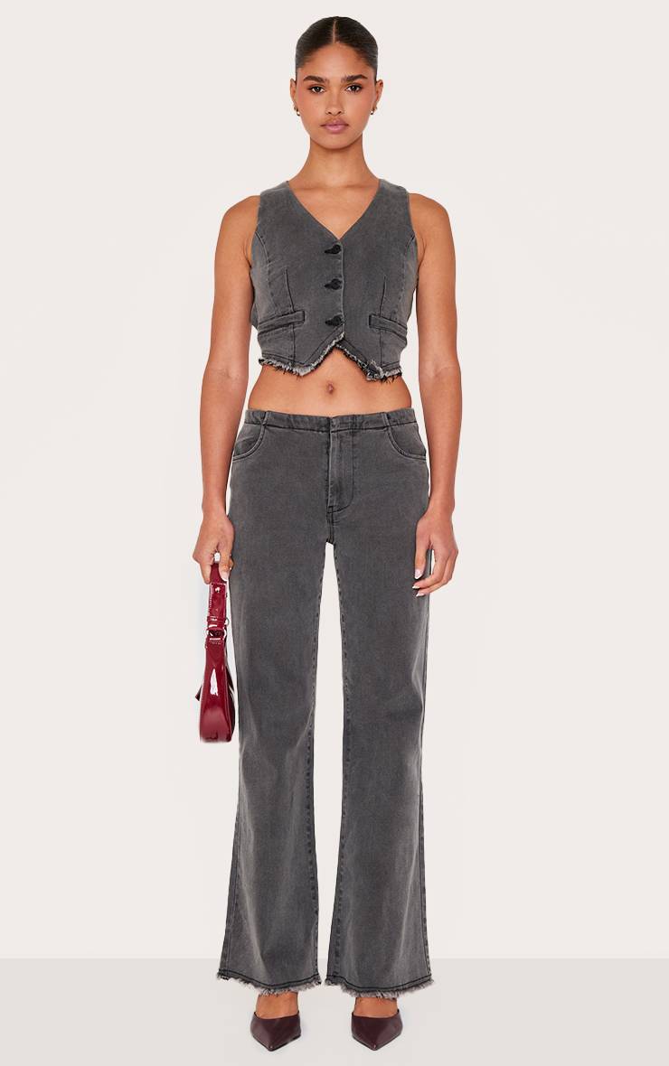 Noir Délavé Jean Droit Taille Basse À Ceinture Invisible
