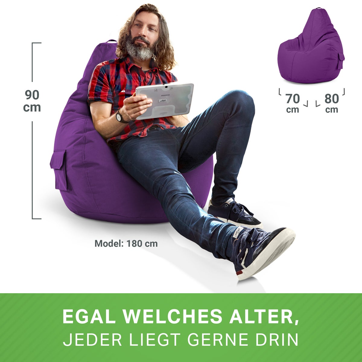 Green Bean Zitzak met rugleuning 80x70x90cm - Gaming stoel met 230L vulling, comfortabel, zacht, wasbaar - Zitzak vloerkussen, loungestoel, voetenbank, relaxstoel, gamer gaming stoel, paars