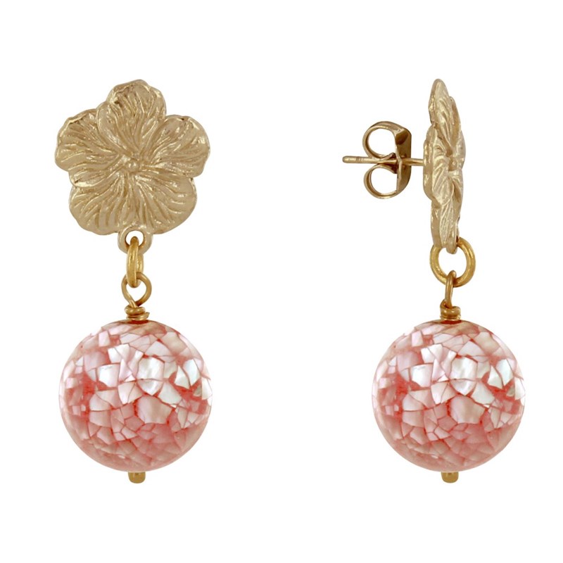 Boucles d'Oreilles Clous Métal Doré Fleur et Perle de Nacre Facettée