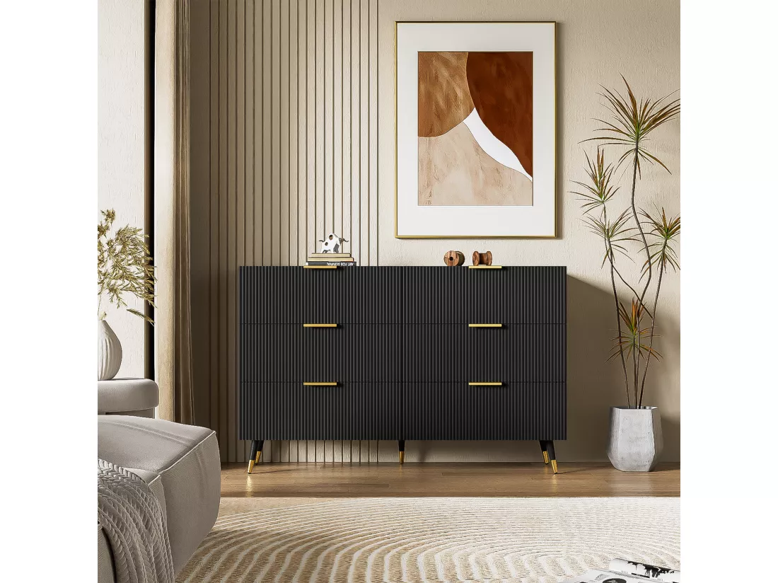 Commode avec 6 tiroirs - 120 x 40 x 77 cm - Panneaux de particules - pour salon, chambre - Couleur noir
