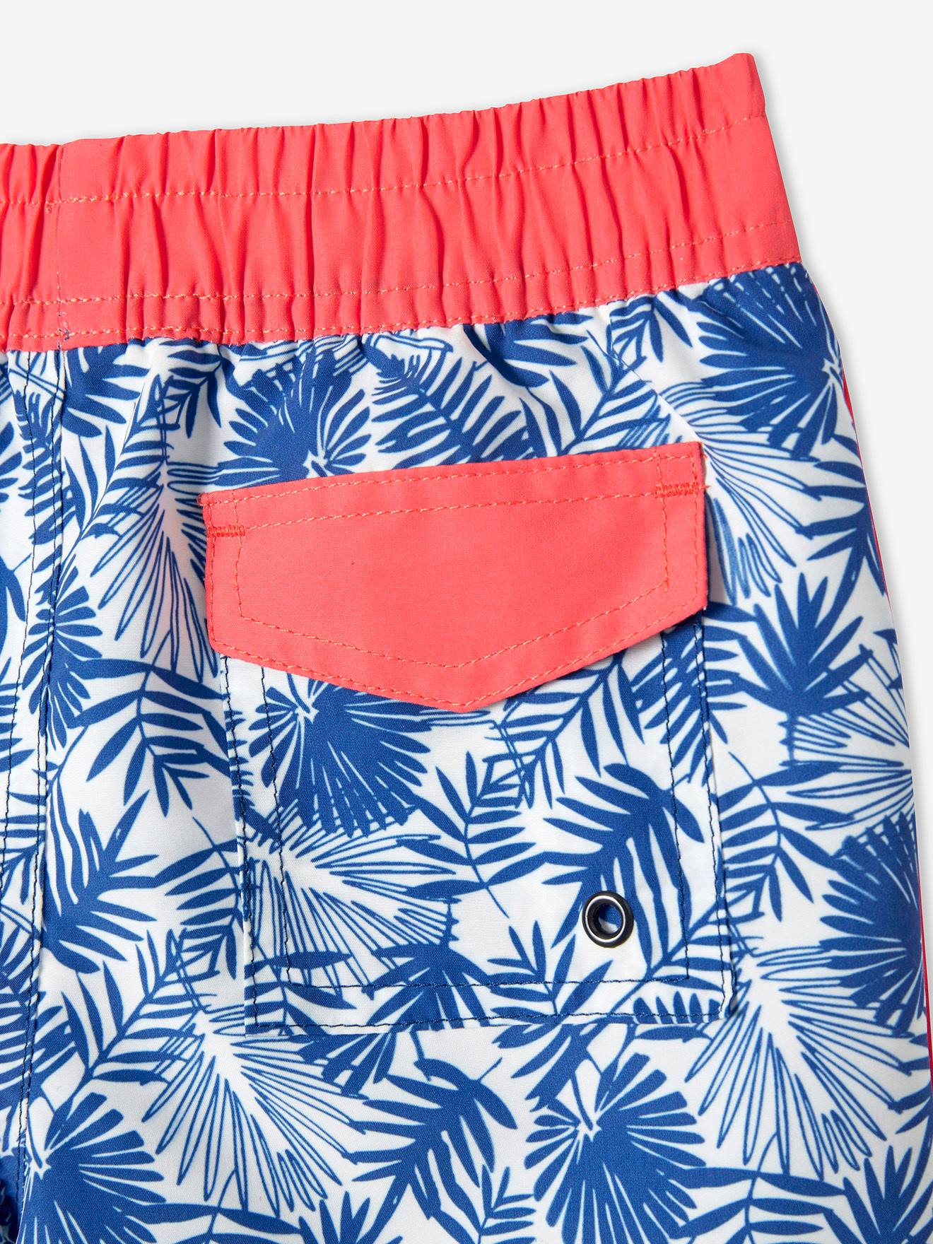 Calção de banho infantil com estampa de folhas, tamanho médio, estampa azul.