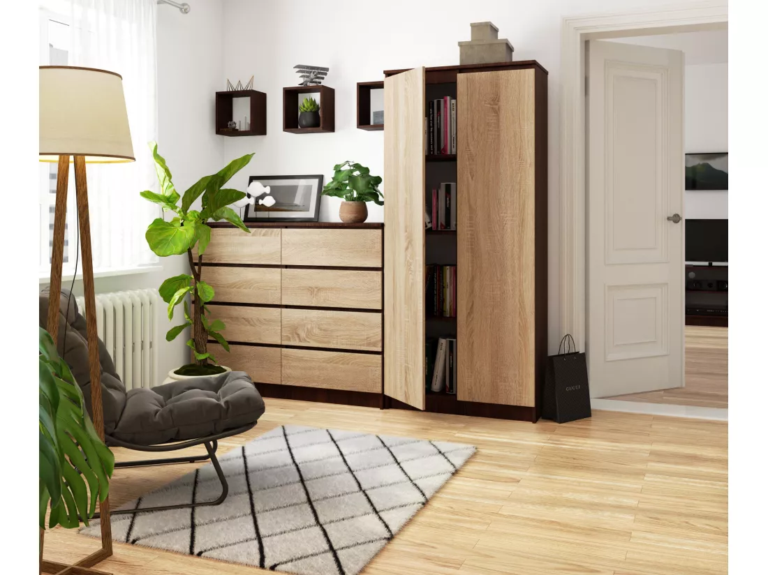 Armoire de rangement AKORD R80 Wengé 80 cm 2 portes façade Chêne Sonoma mat 8 étagères 80x35x180 cm