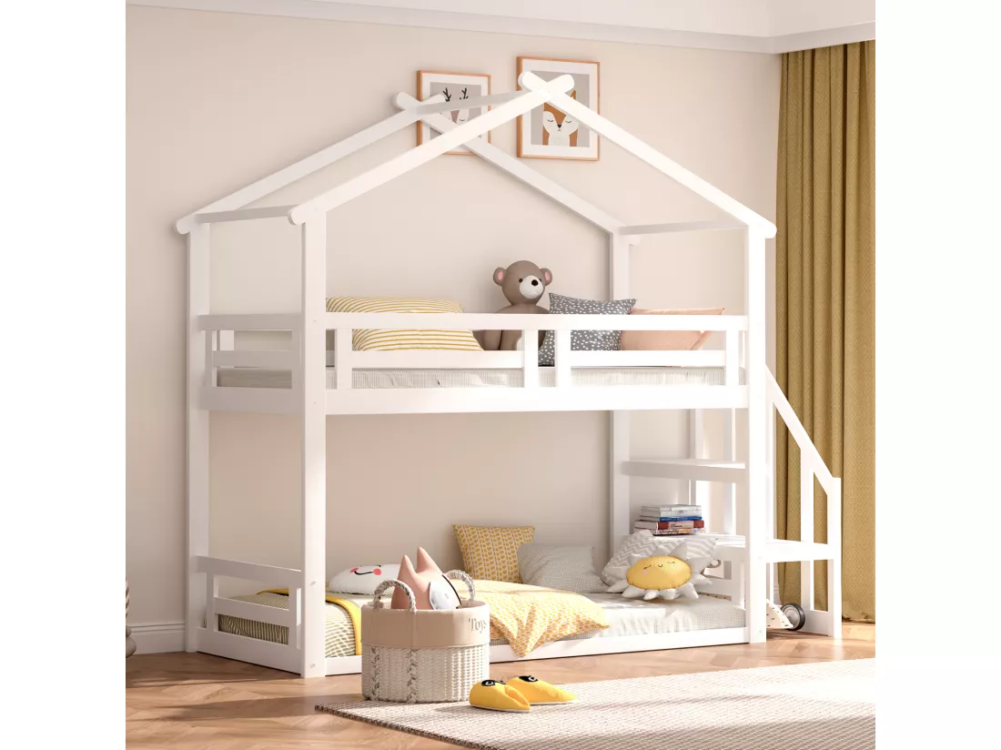 Lit superposé d'enfant 90x200cm - lit cabane avec escalier de sécurité, cadre de lit en bois massif avec sommier à lattes - blanc