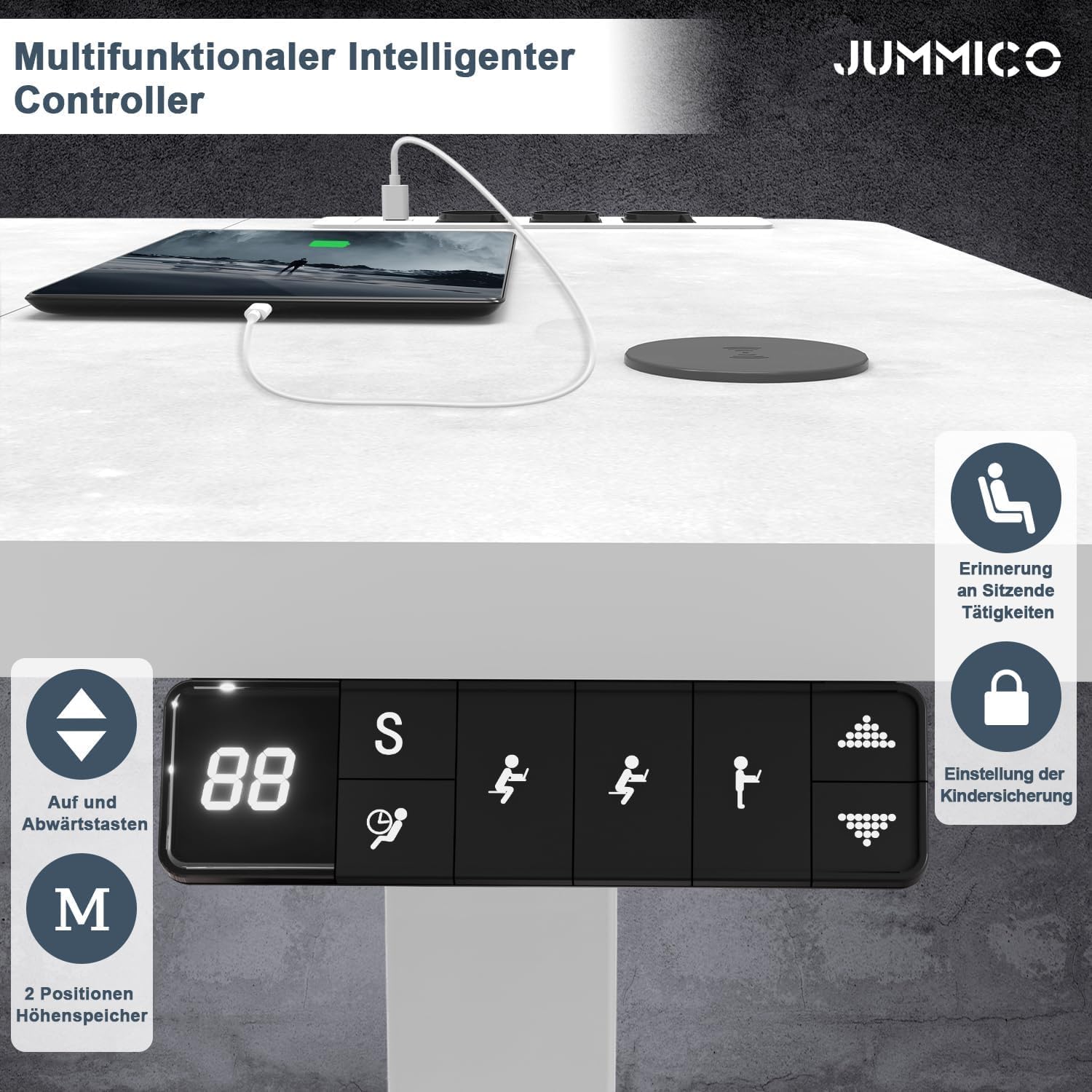JUMMICO Höhenverstellbarer Schreibtisch mit Kabelloser Ladestation und Euro-Steckdose mit USB, Schreibtisch Höhenverstellbar Elektrisch Stehtisch, Standing Desk (Grau 180x80cm)