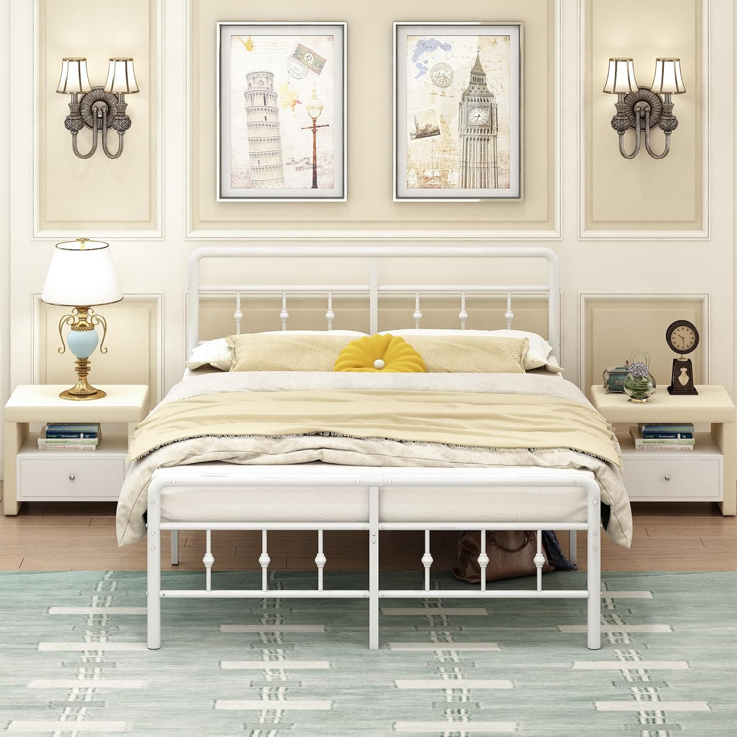 EMODA Bettgestell 120 x 200 cm, Metallbett Doppelbett mit Kopfteil und Fußteil im viktorianischen Stil, 36 cm hoch mit Stahl-Lattenrost, Geräuschfrei, Einfache Montage, Weiß