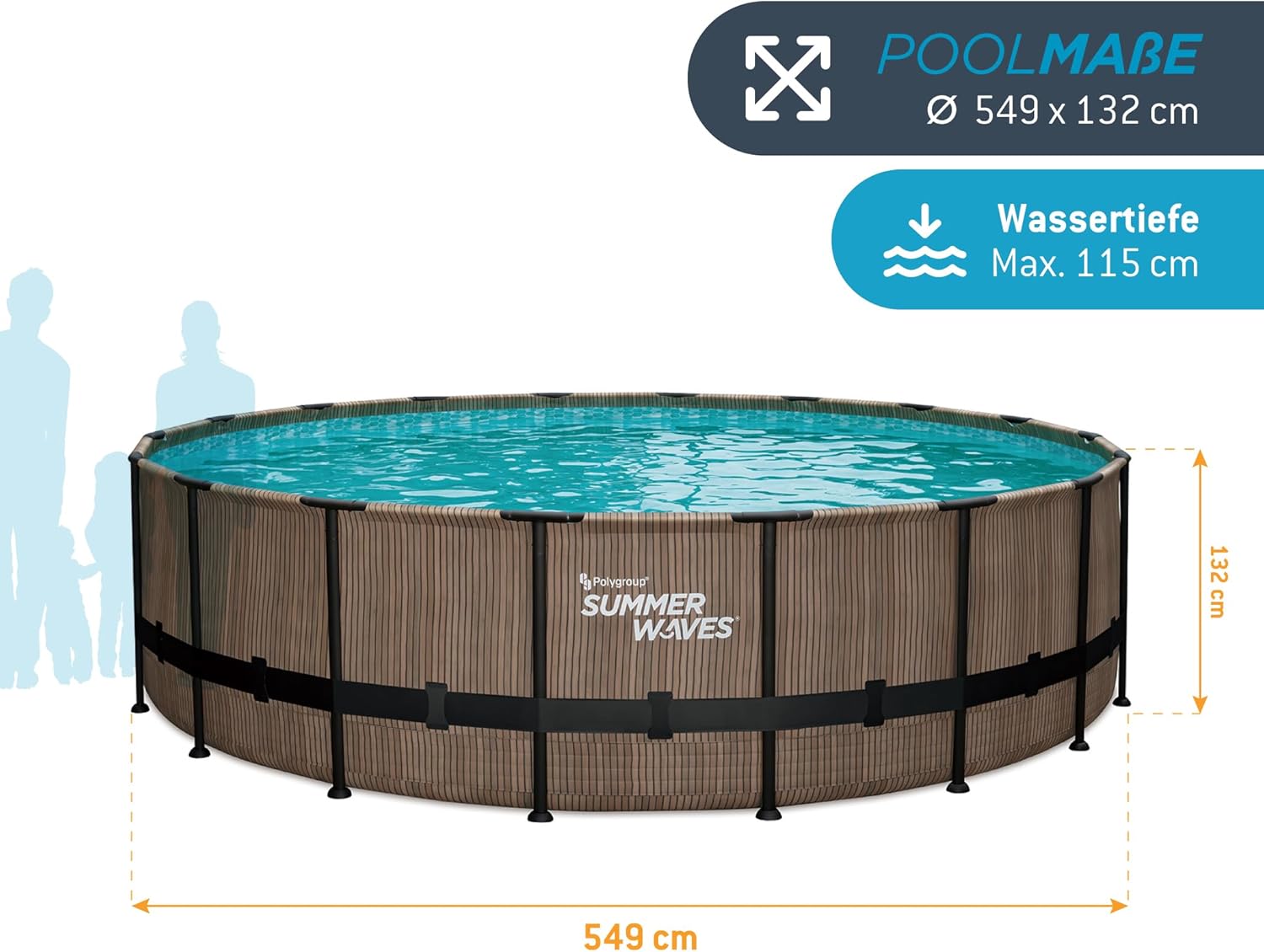 Summer Waves Frame Pool Komplettset | Rund 549x132 cm Teak Optik Braun | Aufstellpool Set | Gartenpool & Schwimmbecken inkl. Filterpumpe, Einstiegsleiter, Abdeckplane, Bodenvlies & Reinigungsset