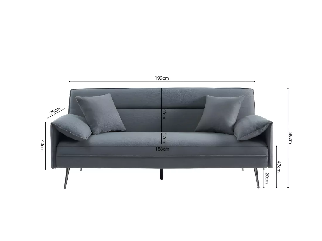 Canapé convertible en tissu noir – Collection LYLIA, dimensions 196x78x84 cm