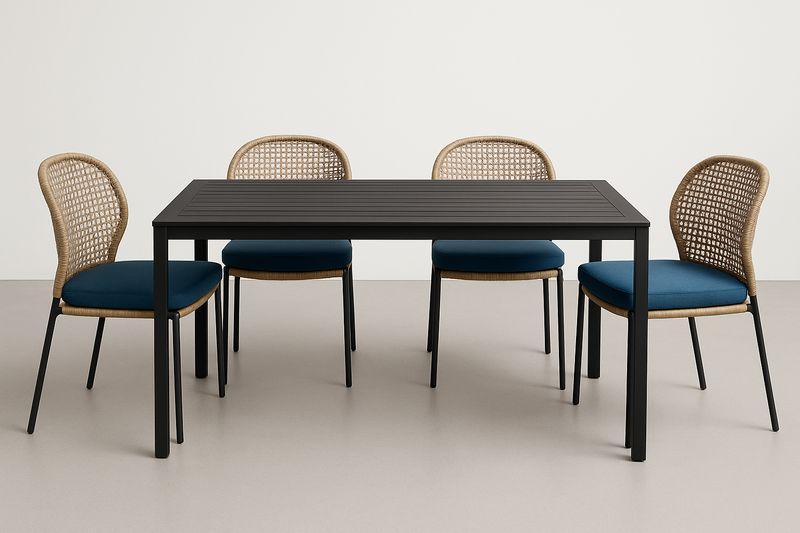 Essgruppe Set Esstisch Aluminium Schwarz mit 4 Rattanstühlen Blau