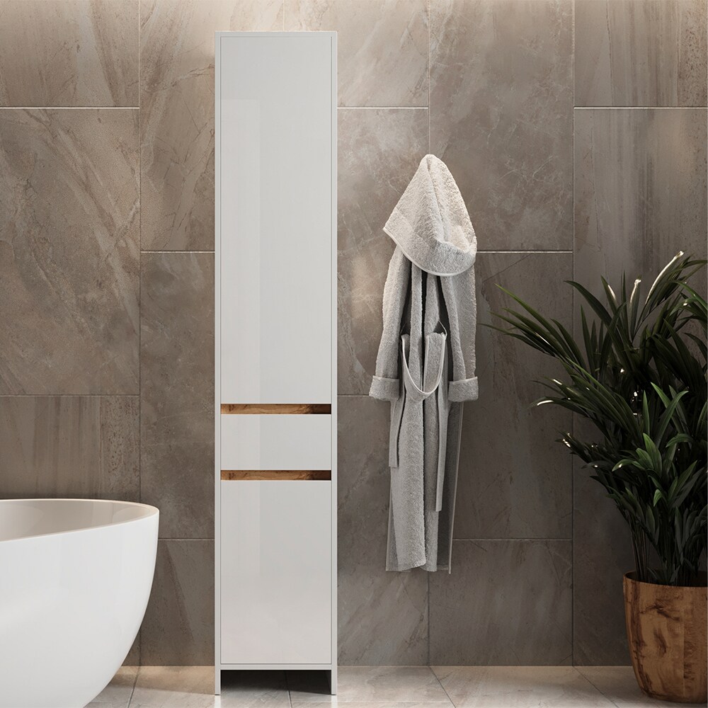 Vicco Badschrank Detmold Weiß Eiche 35 x 190 cm mit 2 Türen und eine Schublade