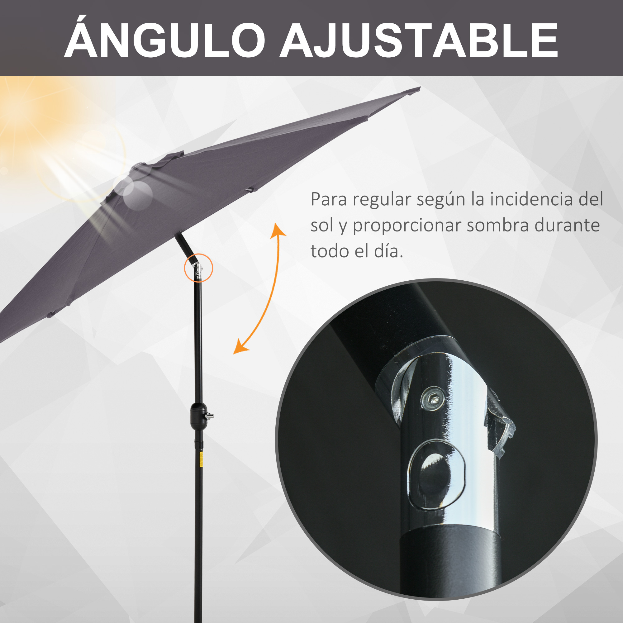 Guarda-sol de jardim Outsunny Ø260x235 cm em alumínio com cabo reclinável, manivela e 6 varetas para terraço e varanda, cinza.